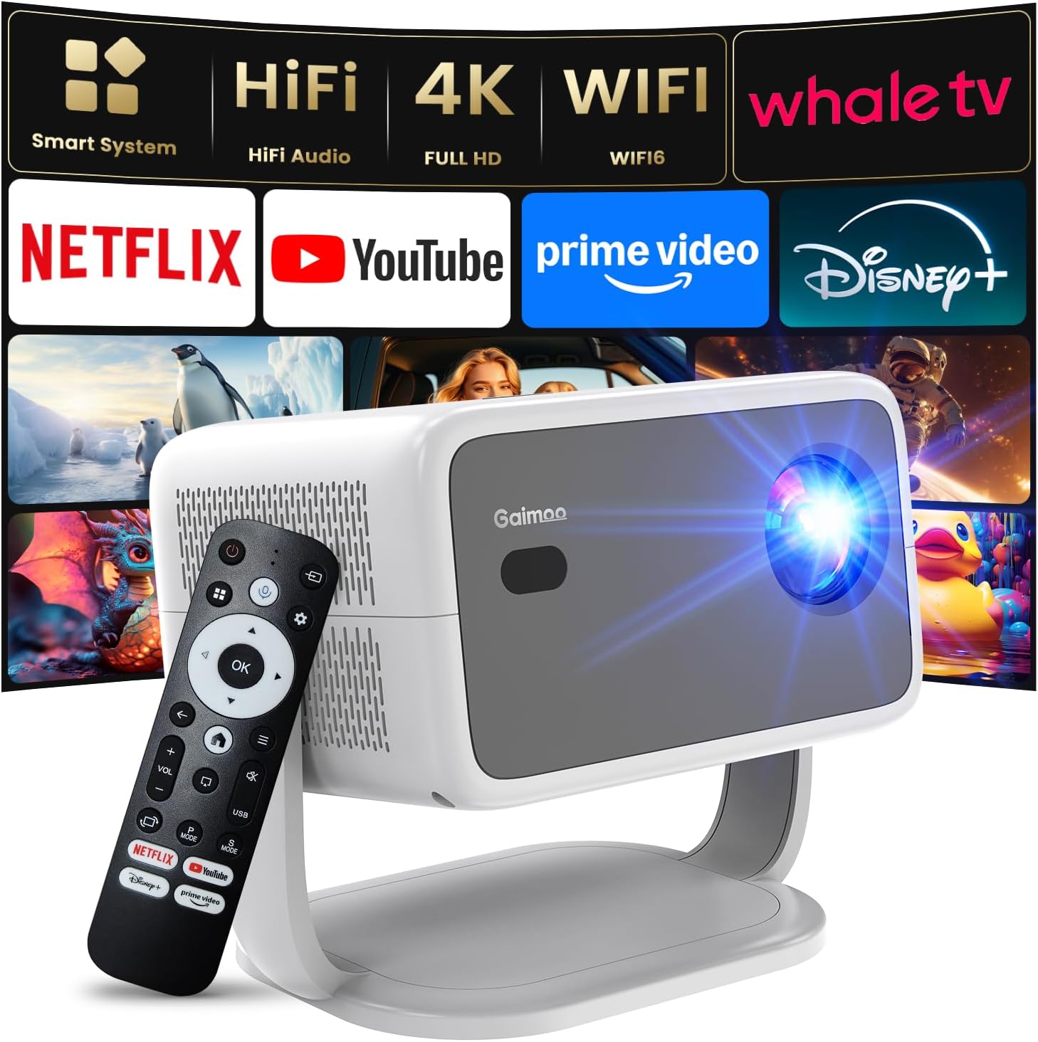 Proyector 4K (audio HiFi/enfoque automático/base giratoria de 360°) Proyector con WiFi y Bluetooth 1080P Proyector portátil nativo, uso con un solo clic Youtube/PrimeVideo/D+ Smart Home Outdoor, gris