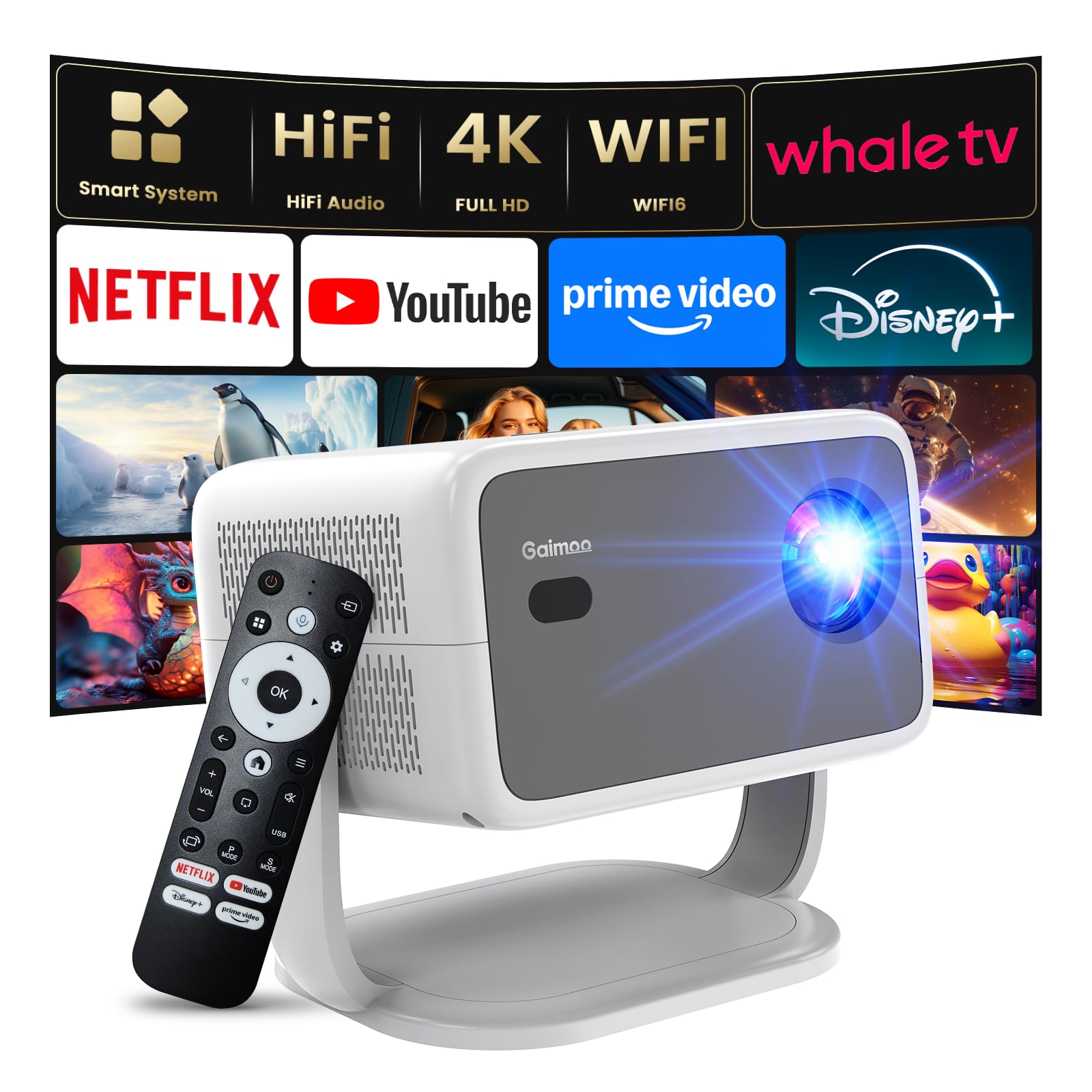 Mini proiettore 4K 1080P FHD Supportato[Keystone/Breve Focale] Proiettore portatile WiFi Bluetooth con angolo 270° Zoom 85% Proiettore video WiFi6 Home Theater / Esterno per PS5 HDMI USB