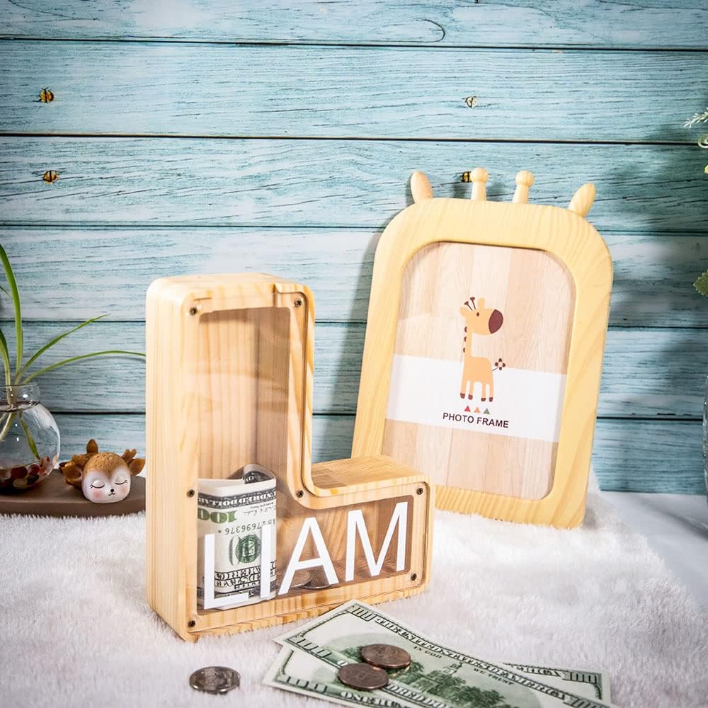 Custom Letter Wooden Piggy Bank for Boys Girls Kids Adults Storage Tank Personalized Coin Bank Alphabet Money Box Christmas Birthday Gifts