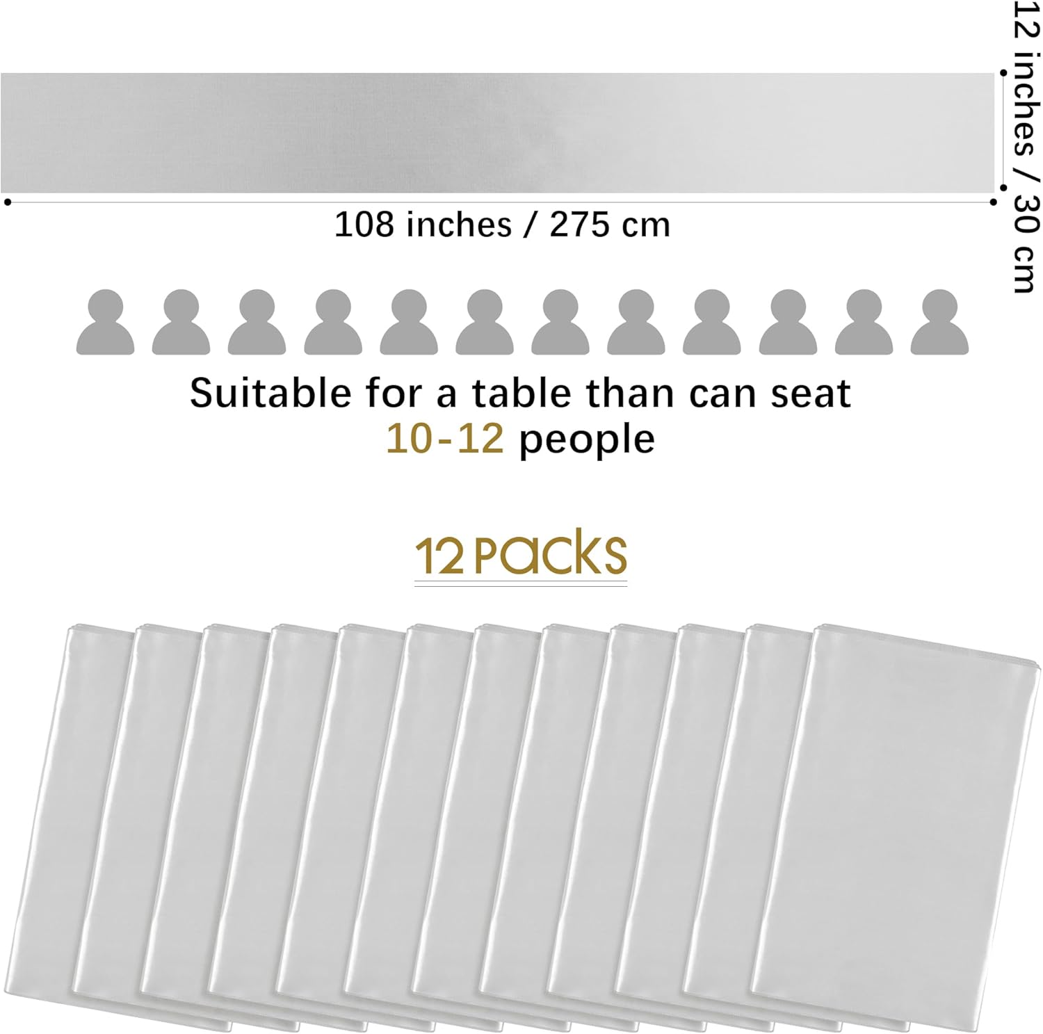 Aneco 12 Pack Satin Table Runner 12 x 108 Inch Light Silver Long Wedding Satin Silk Table Runner for Wedding Banquet Graduations Birthday Party Decoration