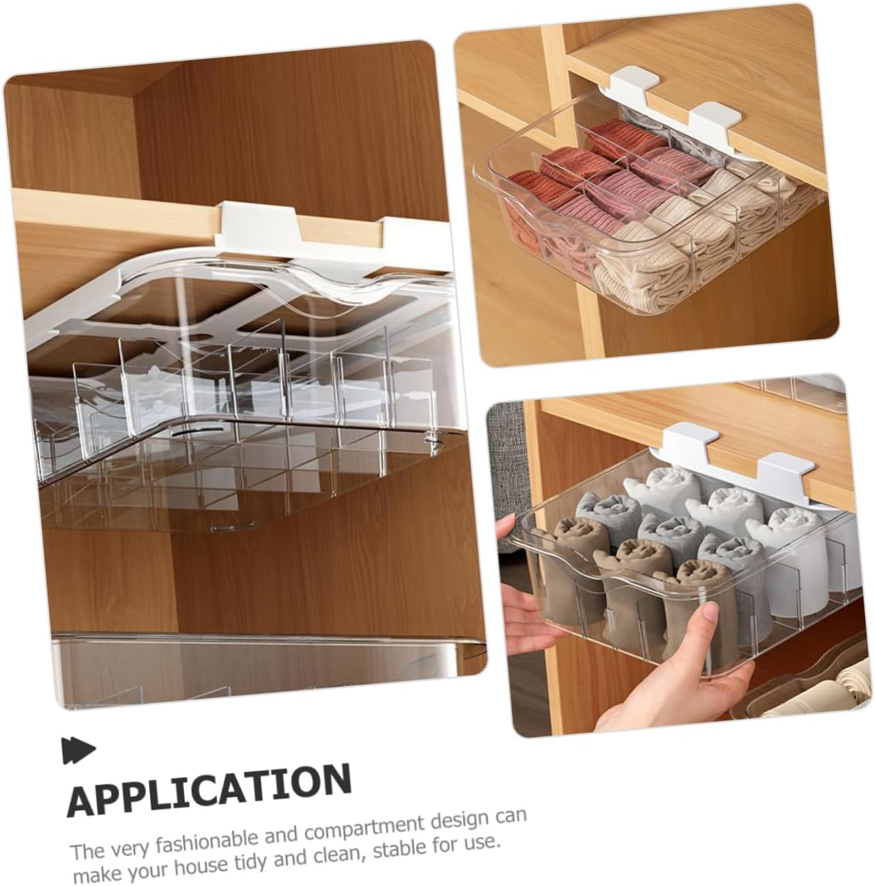 Transparent Compartment Adhesive Under Shelf Drawer Organizer Sock and Underwear Storage Holder with Removable Dividers for Closet Dustproof and Space Saving Wardrobe Storage Box