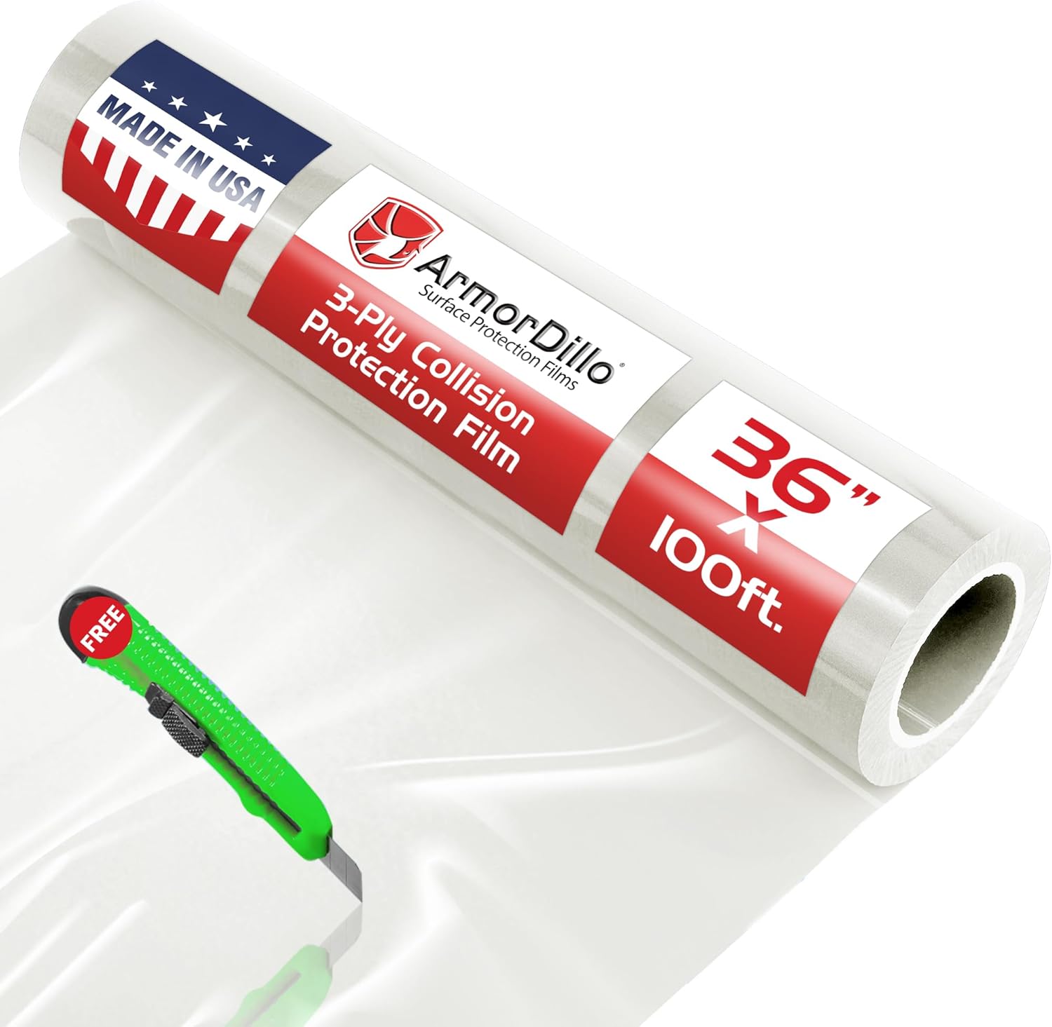 ArmorDillo High Tack Collision Wrap -Free Utility Knife. Full 3 Mil 3-Ply Self Adhesive Crash Wrap for Cars, Collision, Towing, Salvage & Auto Repair, 60 Day UVI Protection - 36" x100ft