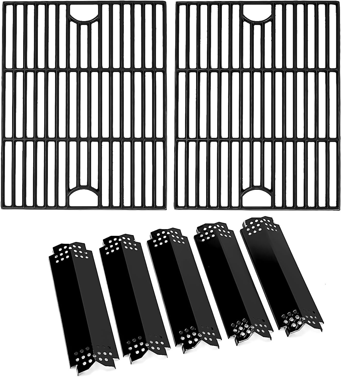 Uniflasy Parts for Nexgrill 720-0830H, 720-0888/720-0888N, Cuisinart CGG-7400 – 17" Stainless Steel Cooking Grates (2 Pack) + Heat Plates/Flame Tamers (5 Pack) for Nexgrill Replacement Parts