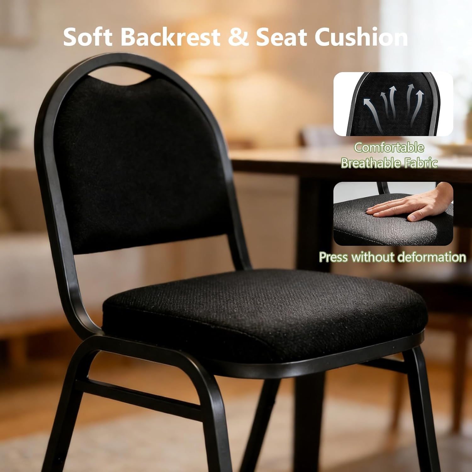 Stackable Banquet Dining Chairs 4 Pack, Upholstered Crown Back Event Chairs with Black Fabric Seat, Heavy Duty Steel Frame, 300 lb Capacity, No Assembly, for Restaurant Wedding Conference