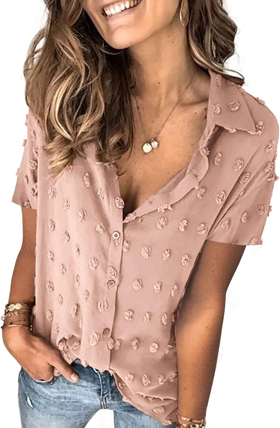 Sidefeel Womens Solid Button Down Short Sleeve V Neck Swiss Dot Blouse Pom Pom Loose Shirt Tops Khaki Medium