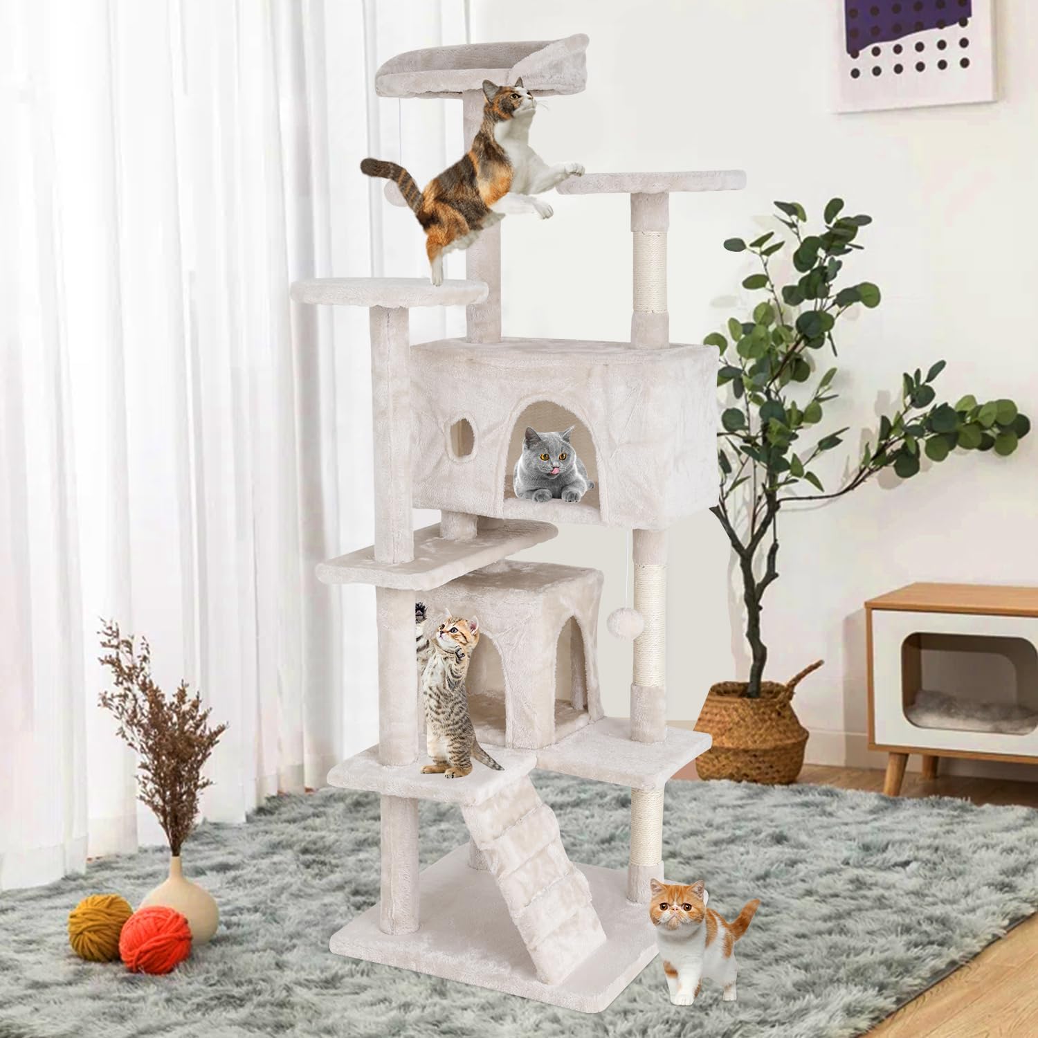 Cat Tree 70 Inches Cat Tower for Indoor Cats Multi-Level Cat Condo with Litter Box Enclosure,Scratching Posts for Indoor Cats (Beige)