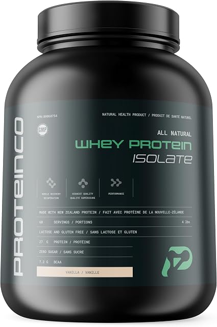 ProteinCo | Pure All Natural Grass-Fed New Zealand Whey Protein Isolate Powder | 27g per serving | Stevia | Gluten & Lactose Free | Low-Calorie | 4 Lbs (Vanilla)