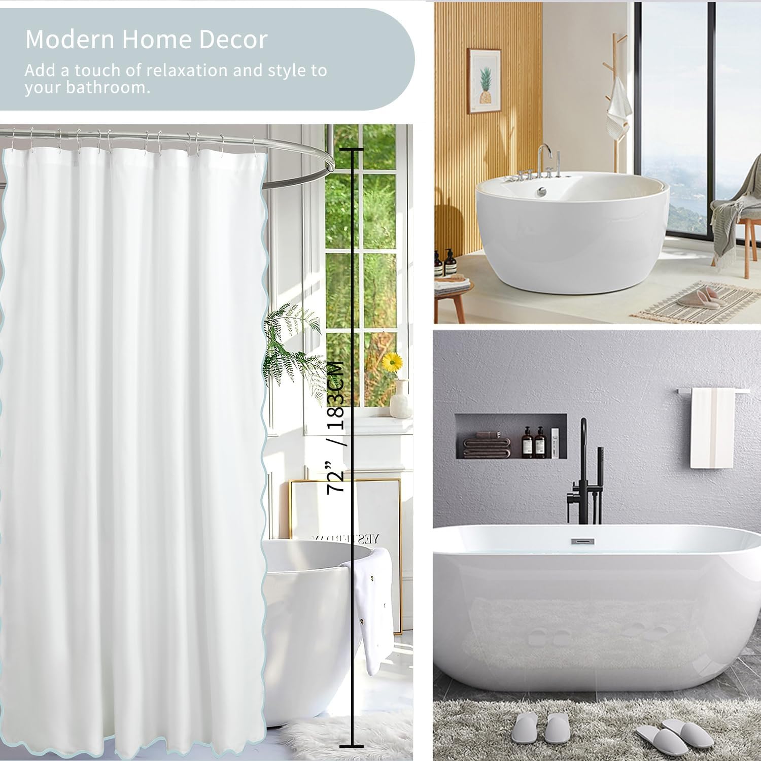 HIG Chic Scallop Edge Shower Curtain – Modern Decorative Coastal Bathroom Curtain for Home Decor, White and Aqua Elegant Minimalist Textured Cloth Bath Curtain, 72x72 Inch