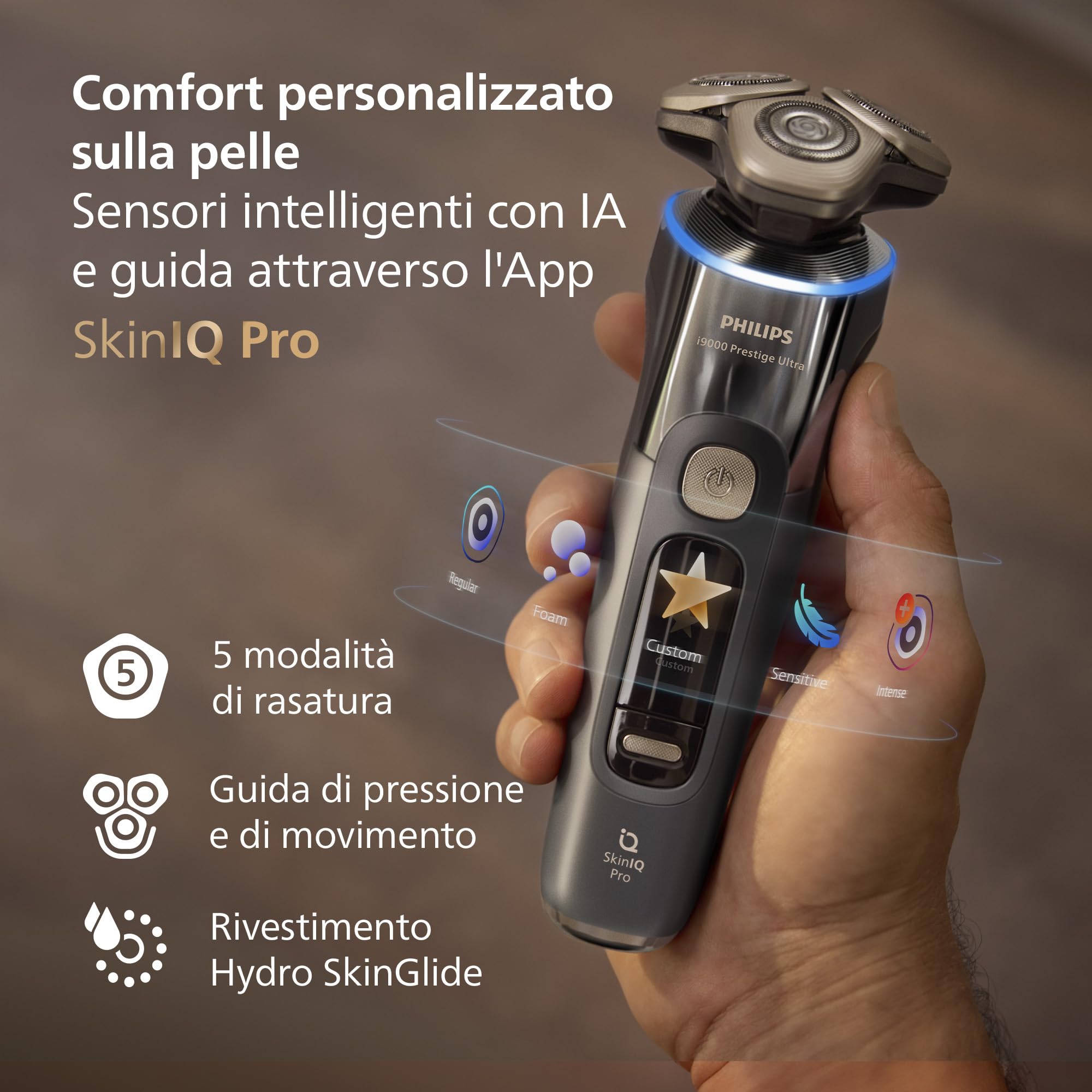 Philips Shaver i9000 Prestige Ultra, rasoio elettrico Wet & Dry, tecnologia Skin IQ Pro, triplo sistema di sollevamento e taglio, lame di precisione NanoTech 360º, 5 modalità di rasatura, XP9402/46