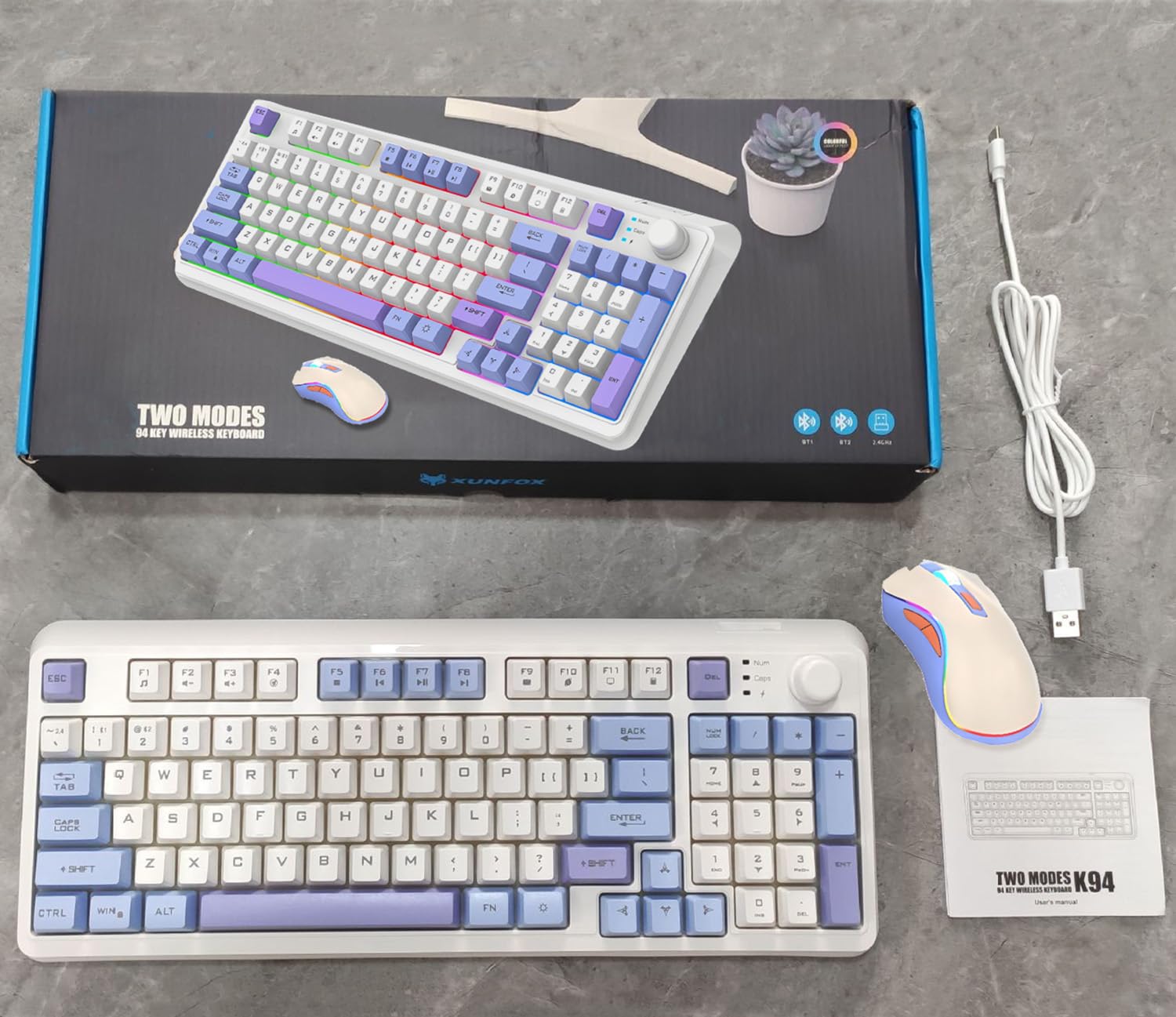 Set tastiera e mouse senza fili con regolatore di volume ricaricabile, 94 tasti, doppia modalità, supporto regolabile, DPI regolabile per computer (bianco)