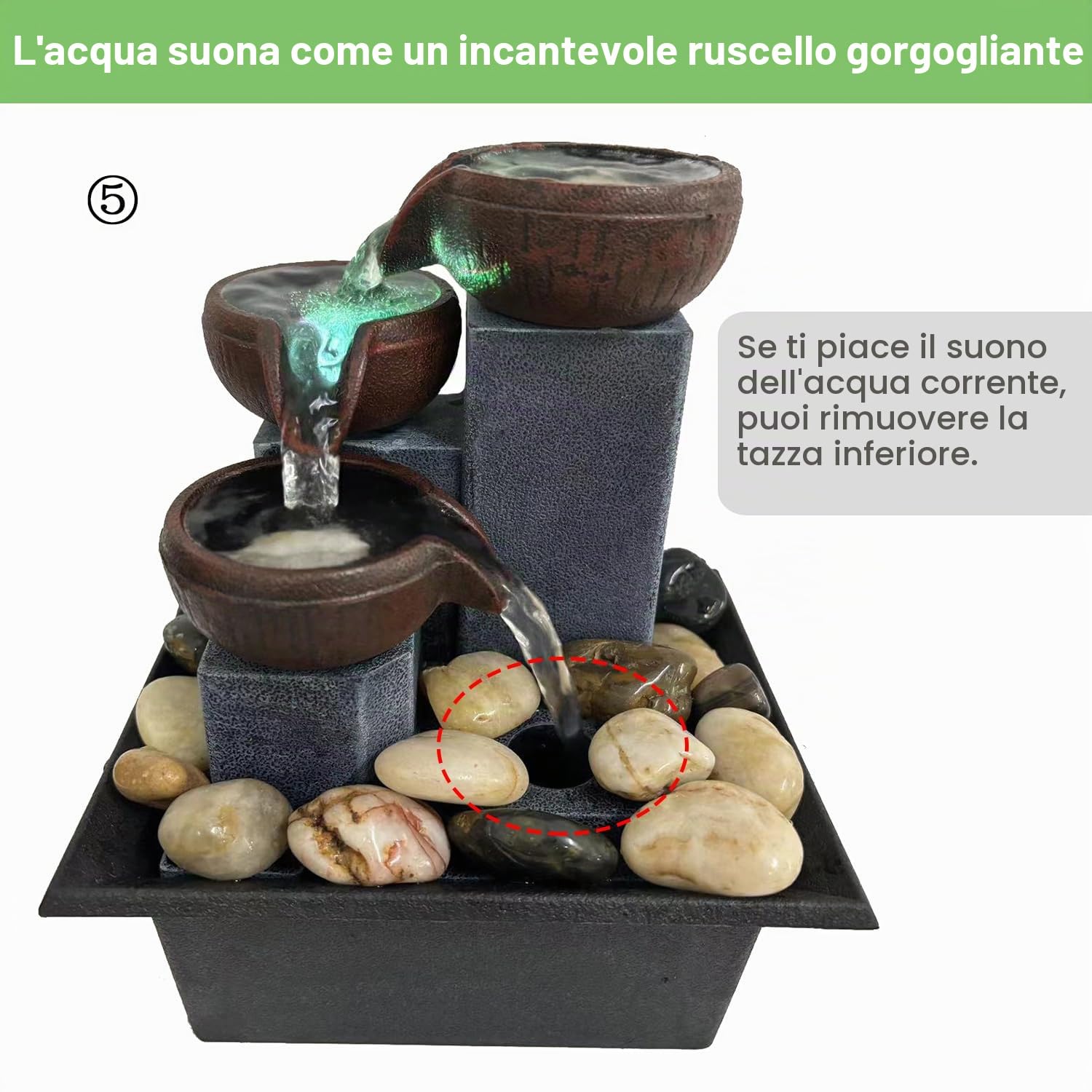 Fontana da tavolo zen a cascata per meditazione, fontana da scrivania con luce a LED e rocce naturali per ufficio, casa, camera da letto