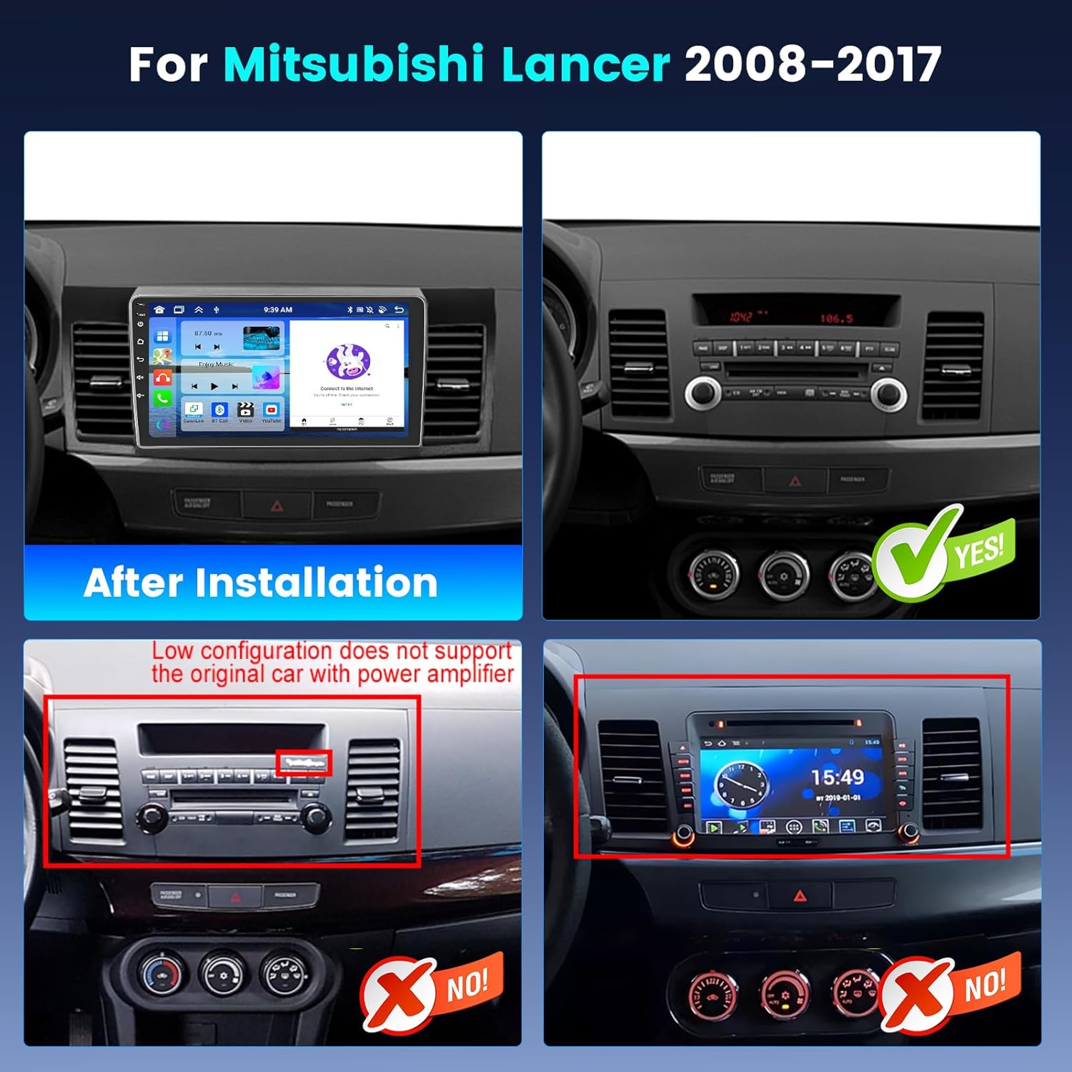 8 Core 4+64GB for Mitsubishi Lancer 2008-2017 Android 15 Car Stereo Wireless Carplay Android Auto, 10.1'' Touchscreen Car Radio with GPS, WiFi, 32EQ DSP, 59 UI, Bluetooth, FM RDS, Backup Camera