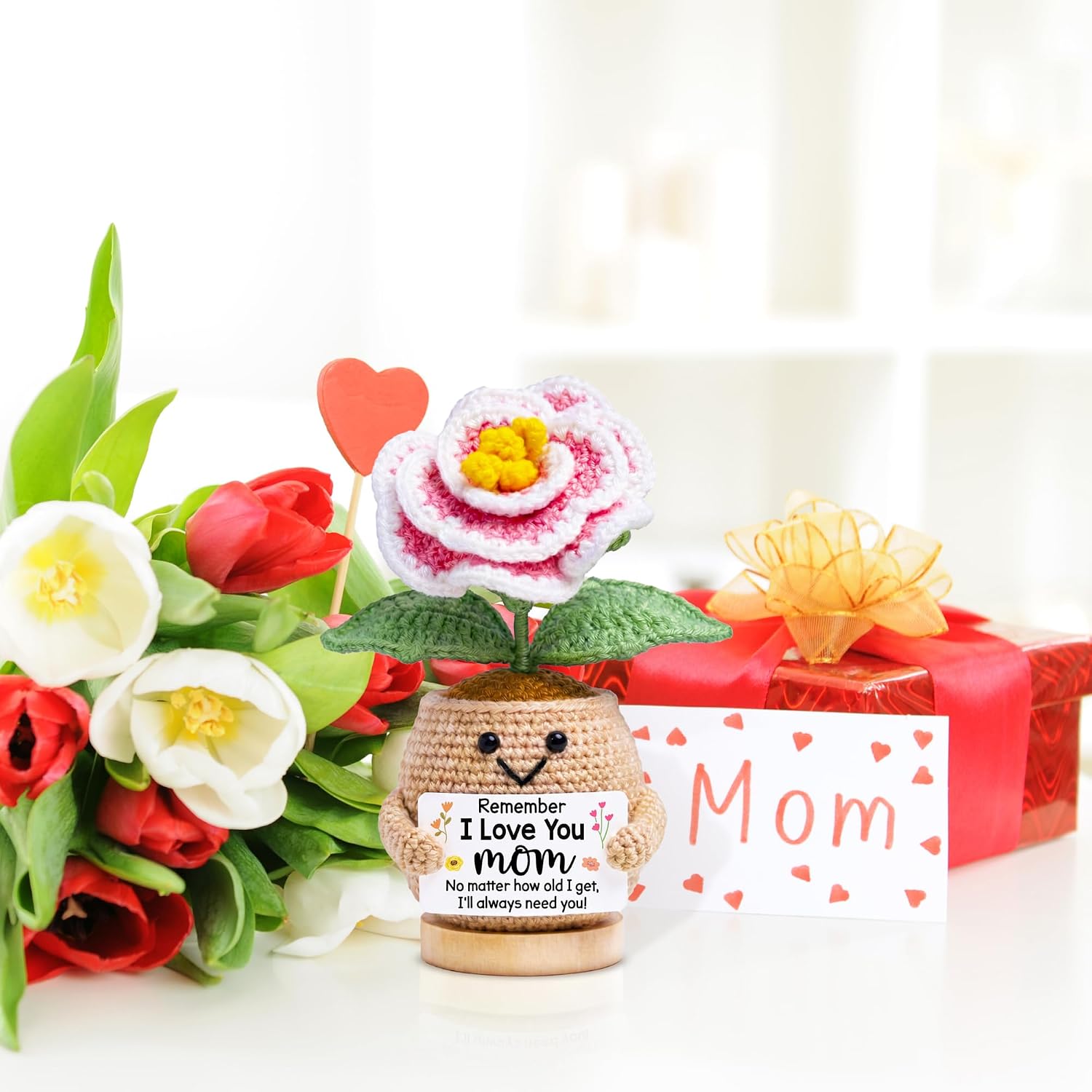 Gifts for Mom from Daughter, Son - Cute Mothers Day, Birthday Gifts for Mom - Mothers Day Crochet for Mother Daughter - Inspirational Positive Support Peony Flower Crochet