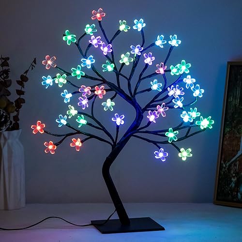 Miniatura 2 de BDUSXYZ Paquete de 2 árboles de cerezo iluminados, 48 LED, 16 colores cambiantes, 4 modos, enchufable, árbol bonsái artificial como luces nocturnas