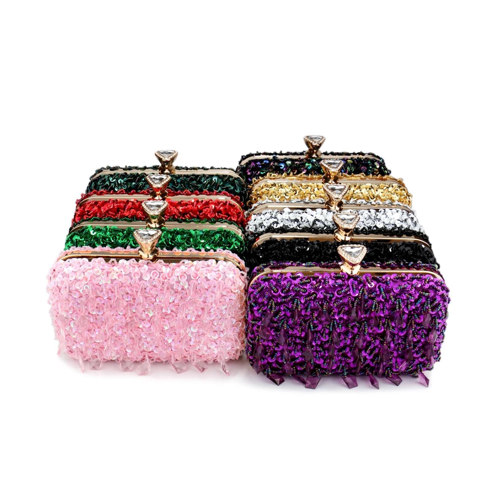 Abendtasche Damen Clutch Glitter Party Abendessen Abend Taschen Lila Farbe Quaste Acryl Clutch Taschen Flap Mode Metall Kette Handtaschen Perlen