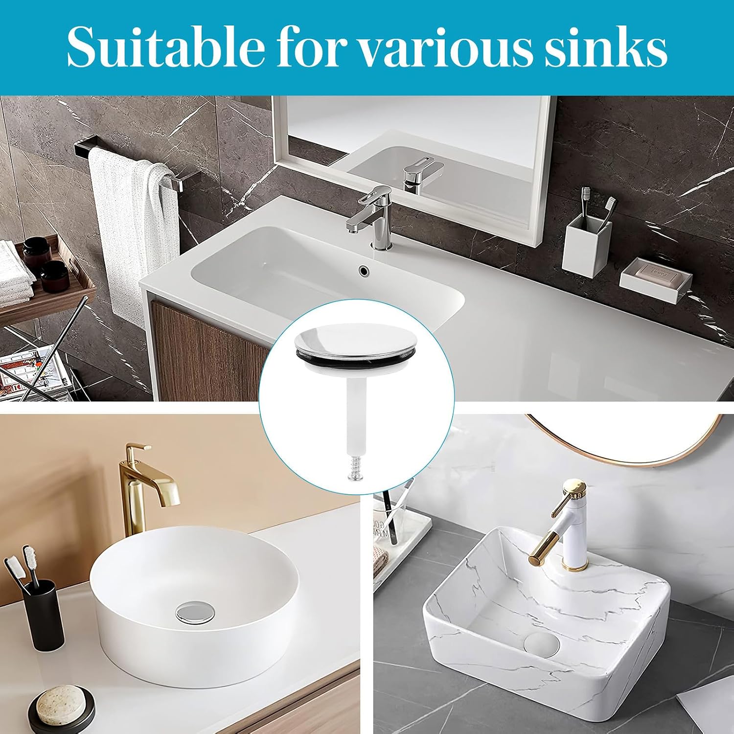Bath Tub Stopper Replacement Rotary Drain Stopper Silver Plastic | Easy Installation, Fast Water Draining, Anti-block Design, Easy to Clean