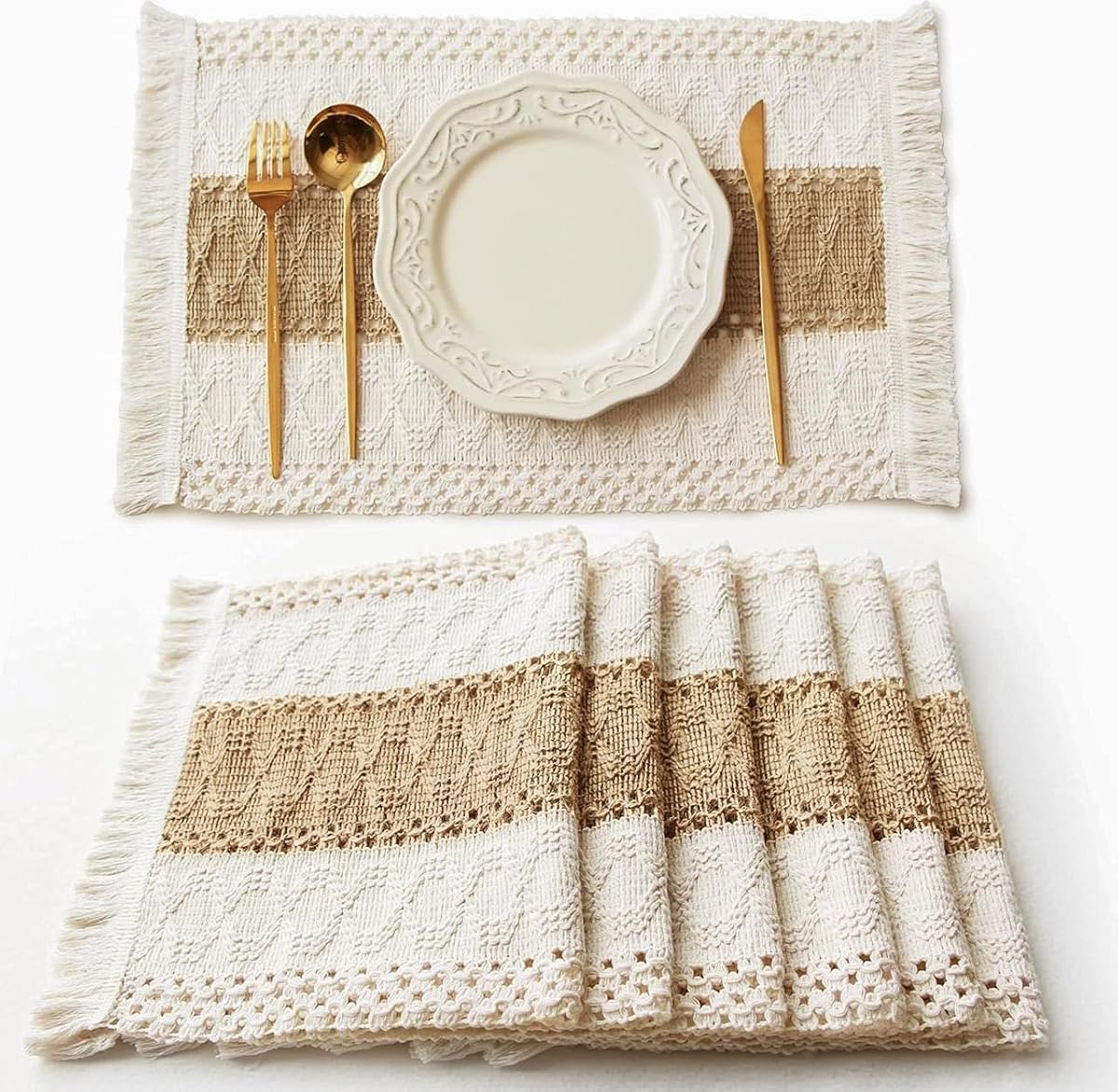 Juego de 6 manteles individuales bohemios, manteles de macramé, decoración de comedor de granja | Mantel individual de arpillera tejida de 12x20 pulgadas con borla para centro de mesa de cocina y comedor, decoración del hogar, decoración de cocina rústica bohemia