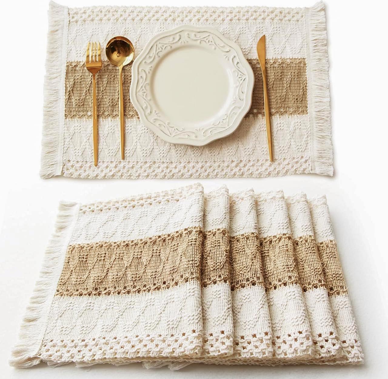 FEXIA Boho Placemats Set of 6, Macrame Table Decor Farmhouse Style Placemats in Natural Cotton Burlap, for Kitchen and Dining Table Centerpiece Home Decorations
