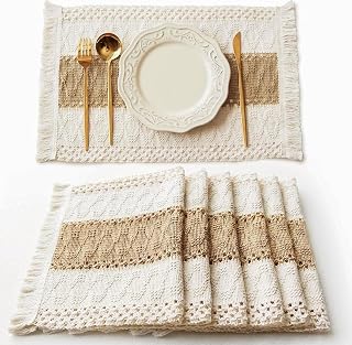 FEXIA Boho Macrame Placemats Set of 6 Farmhouse Cotton Burlap Table Mats Beige Brown Kitchen Dining Decor