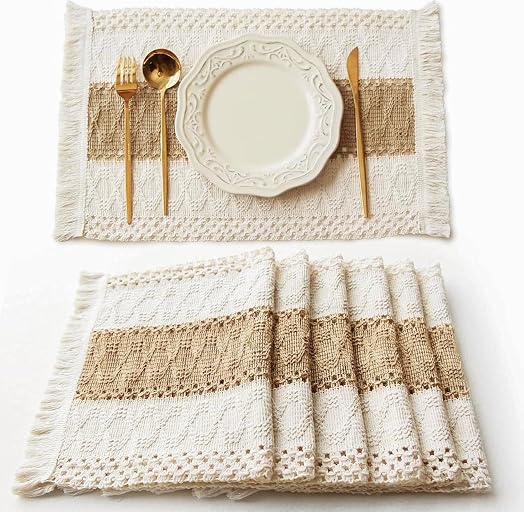 FEXIA Boho Placemats Set of 6, Macrame Table Decor Farmhouse Style Placemats in Natural Cotton Burlap, for Kitchen and Dining Table Centerpiece Home Decorations（Beige & Brown）