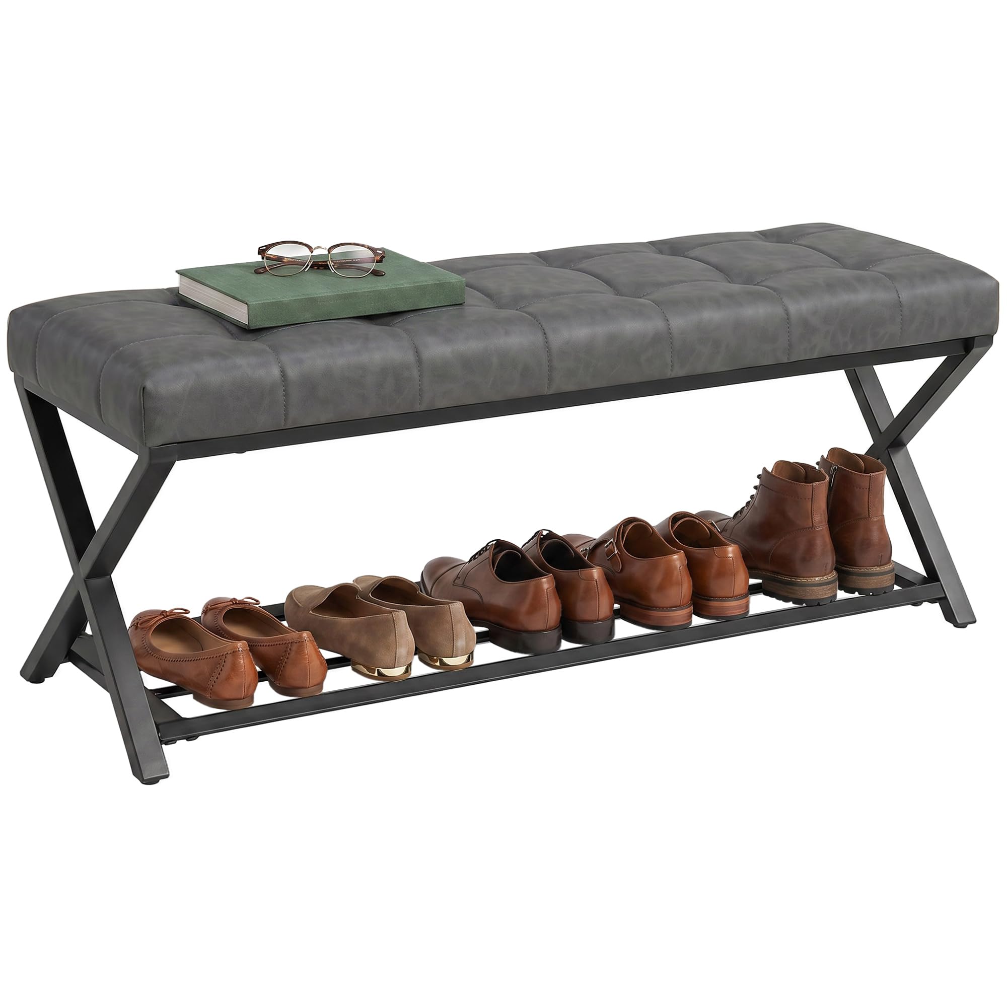 HOMCOM Schuhbank mit Sitzfläche Stauraum 112x37x47cm | Gepolstertes Schuhregal, Industrielle Sitzbank mit Ablage, X-förmiger Stahlrahmen, bis 220kg, für Flur Eingangsbereich