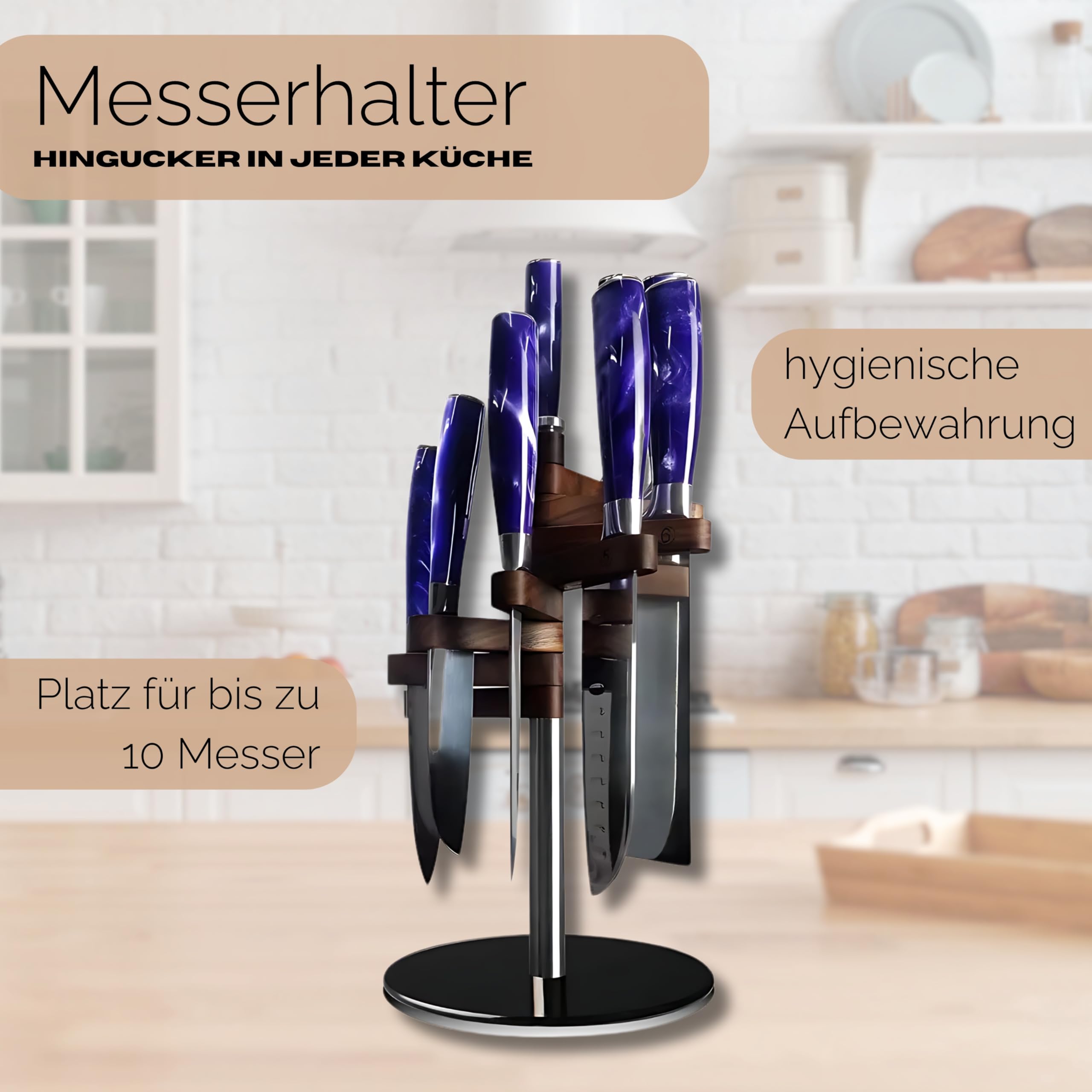 hochwertiger Messerhalter aus Walnussholz, Edelstahl und Glas, unbestückt, hygienisch und platzsparend, drehbar, Küchenmesserhalter, Messerblock ohne Messer, in Geschenkbox