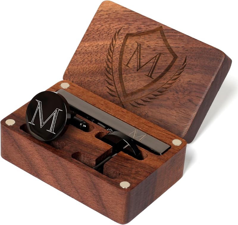 Mens Initial Cufflinks and Tie Clip A-Z Alphabet Letter Black Stainless Cuff Links Tie Bar with Engraved Walnut Wood Box Groom Groomsman Wedding Set