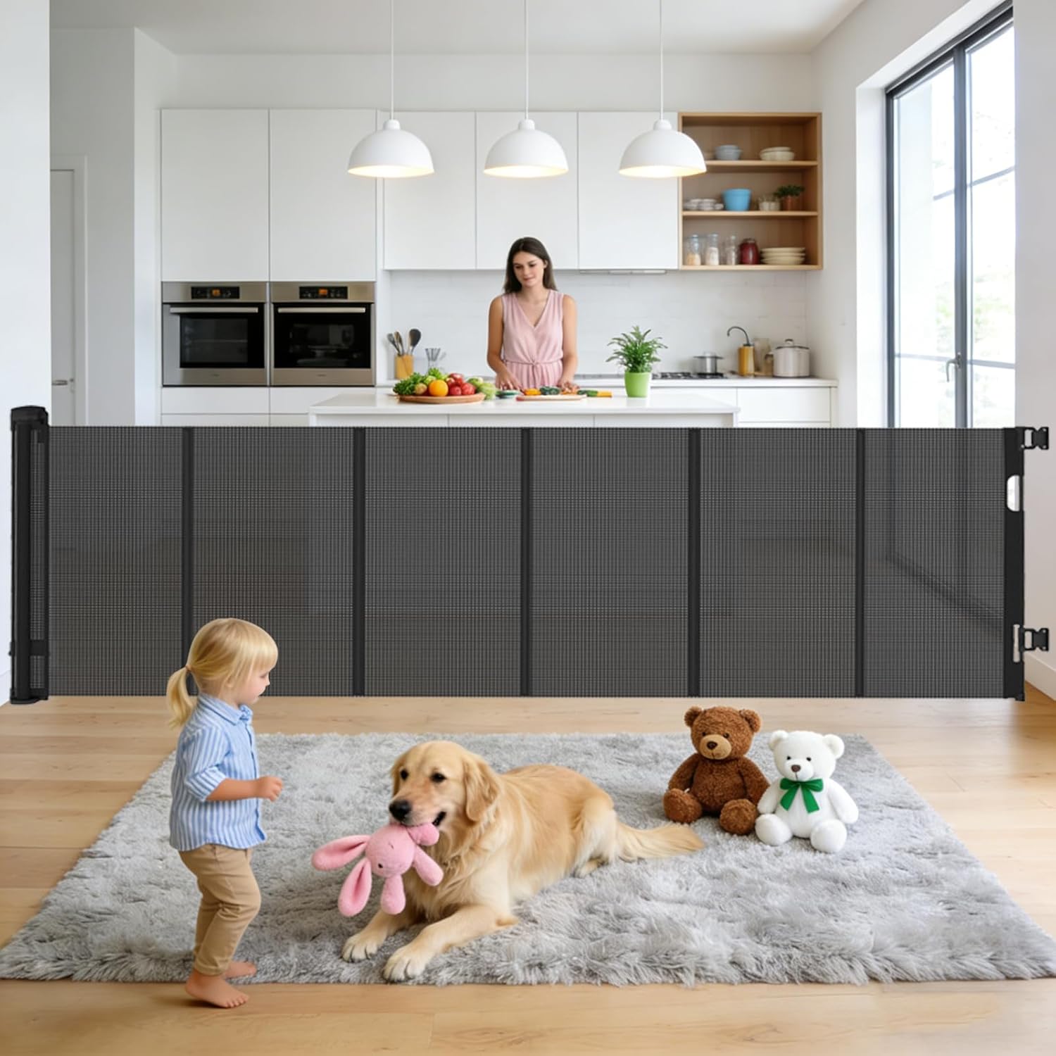 55 inch Retractable Baby Gate Black - One-Hand Operation Secure-Lock, Easy Install for Stairs, Doorways, Portable Mesh Barrier, Adjustable Width for Indoor/Outdoor, Dog & Child Safety