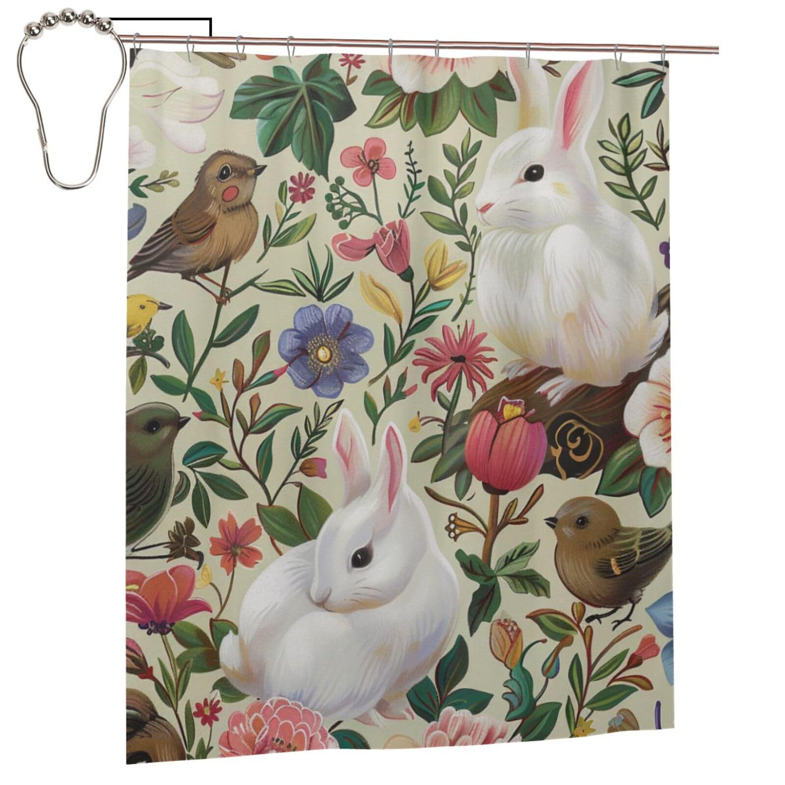 BWWHCCTI Flowers Bunnies Birds Printed Shower Curtain With 12 Iron Hooks Opaque Quick Drying Waterproof Shower Curtains Sets For Bathroom 152x183 Cm