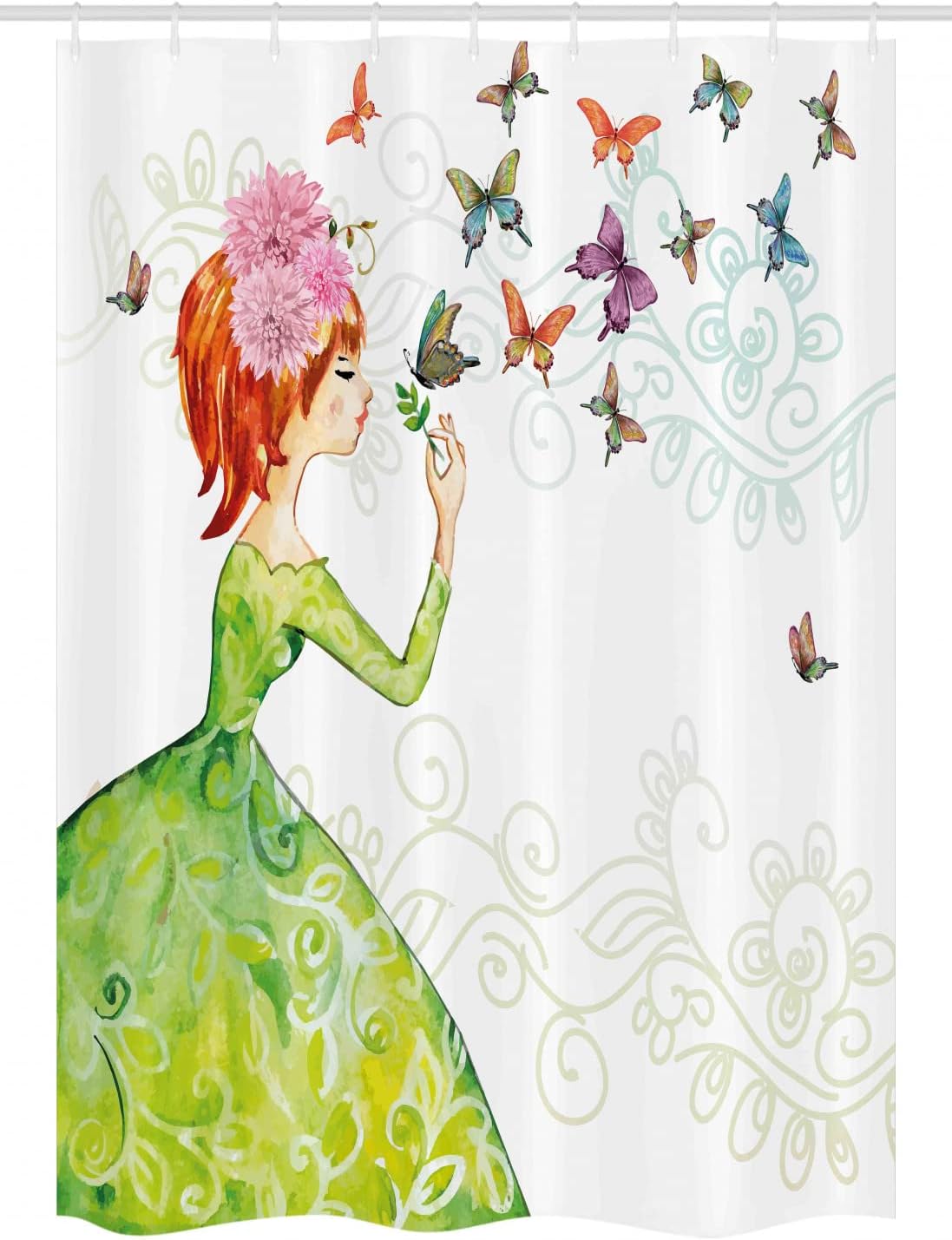 Ambesonne Butterfly Stall Shower Curtain, Floral Lady in Green Dress Leaf Ornaments Flower Pastel Winged Bug, Fabric Bathroom Decor Set with Hooks, 54" W x 78" L, Pink Orange Green