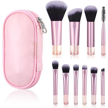 10 Piece Travel Brush Set Makeup Mini Make Up Brush Set with Storage Bag Cosmetic Brush Set Portable Makeup Brush Set for Brushing Eyelashes Foundation Eyeshadow Contour Rouge