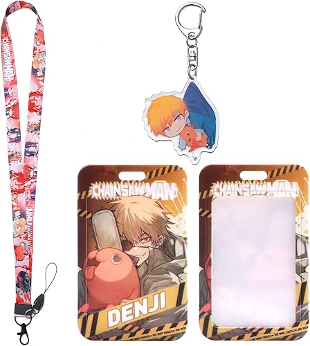 Llavero con cordón para hombre de motosierra con soporte para tarjetas de identificación llavero de anime Denji Pochita Makima
