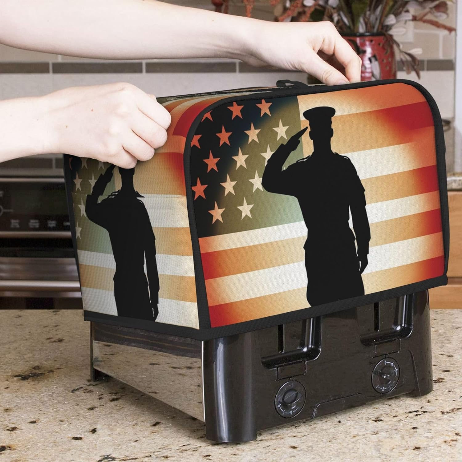 Thank You Soldier Saluting America Flag Toaster Cover 2 slice Kitchen Small Appliance Covers with Pockets Toaster Dust Cover with Top Handle Oven Cover Washable Universal Bread Maker Cover for Kitchen
