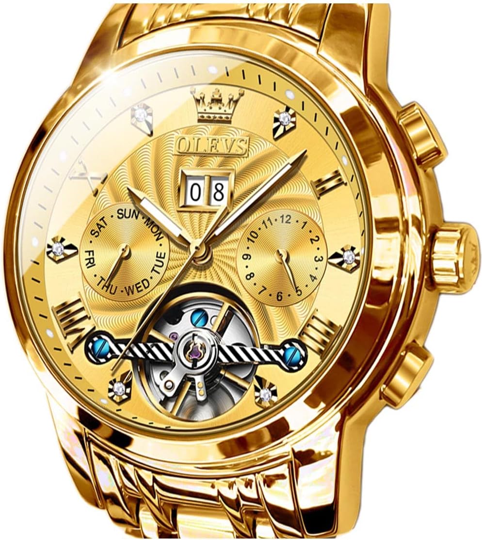 OLEVS Watch for Men Gold Black with Large Face Easy-Read Analog Quartz Date Luxury Stainless Steel Band