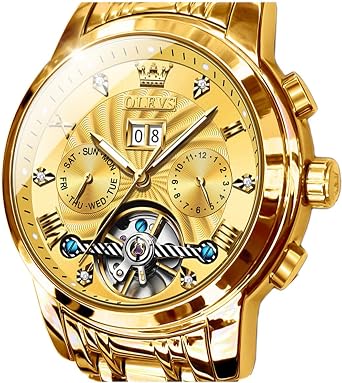 OLEVS Men Automatic Watch Skeleton 5 Hands Mechanical Classic Luxury Multi Calendar Stainless Steel Waterproof Wrist Watch for Men