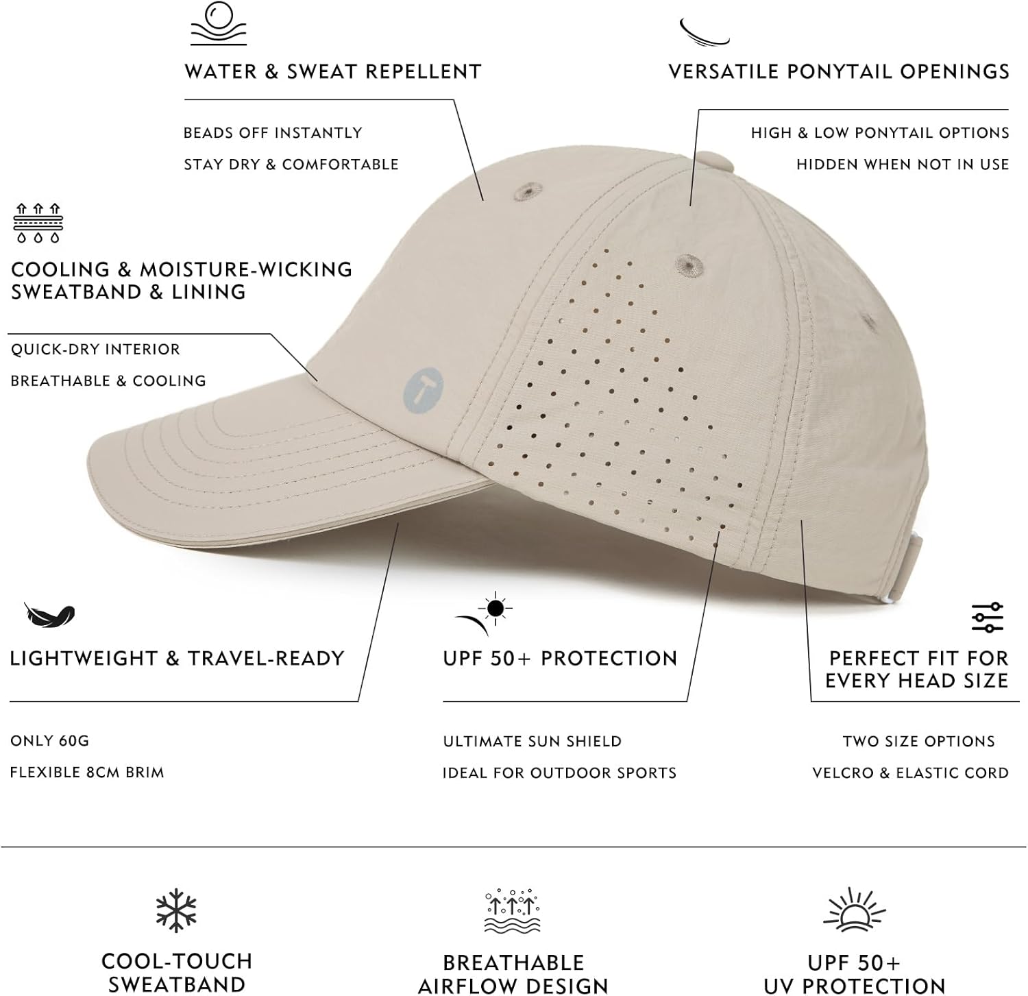 TOP-EX UVCOOLIX™ Cooling High Ponytail Everyday Sports Hat for Women, Breathable Running Golf Walking, UPF 50+ Foldable