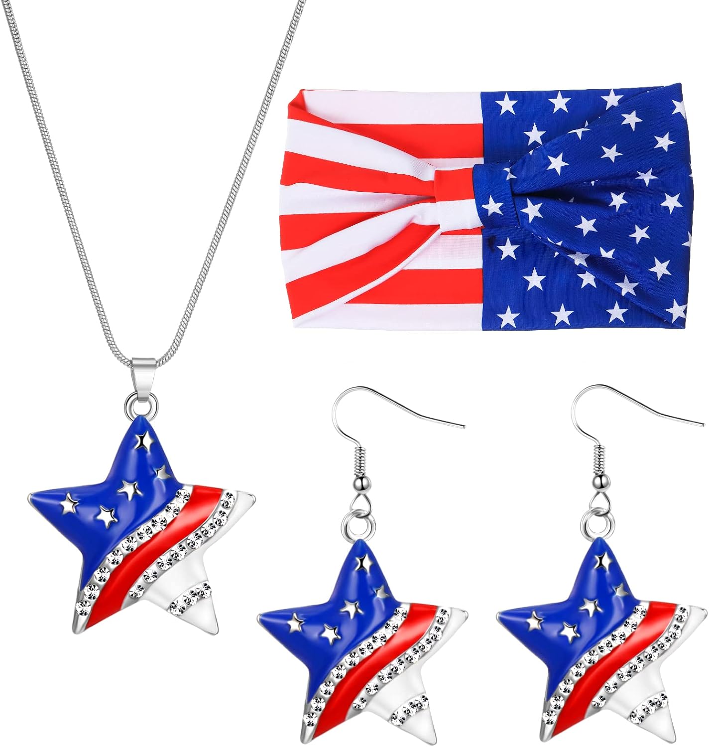 WILLBOND 4th of July Jewelry Set USA Star Earrings Patriotic Headband Independence Day Pendant Necklace Women