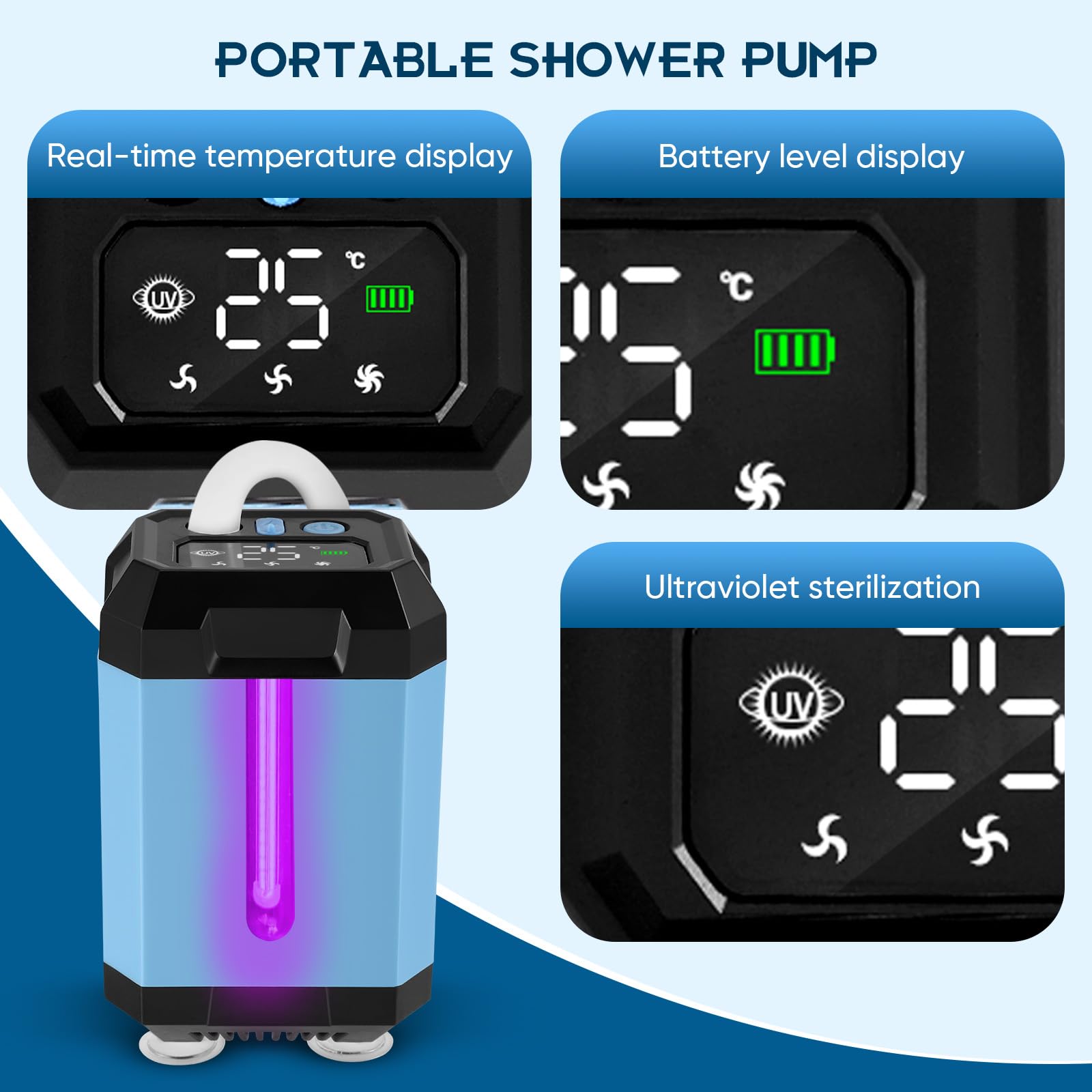 Batería portátil de ducha de camping con bomba, función de esterilización, ducha de camping, 5400 mAh, recargable con cabezal de ducha y manguera de 2 m, indicador de temperatura y potencia para