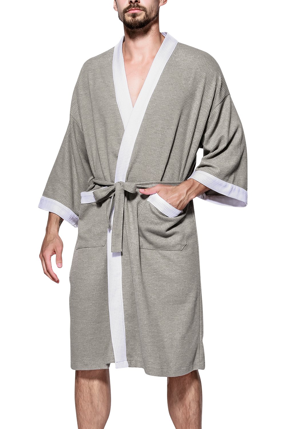 Unisex Men’s Women's Dressing Gowns Bathrobe Kimono, Cotton Soft & Lightweight Ladies Waffle Bridesmaid Housecoat Nightwear Pyjamas + Belt Pockets, for Spa Hotel (Large/UK M, Gray II)