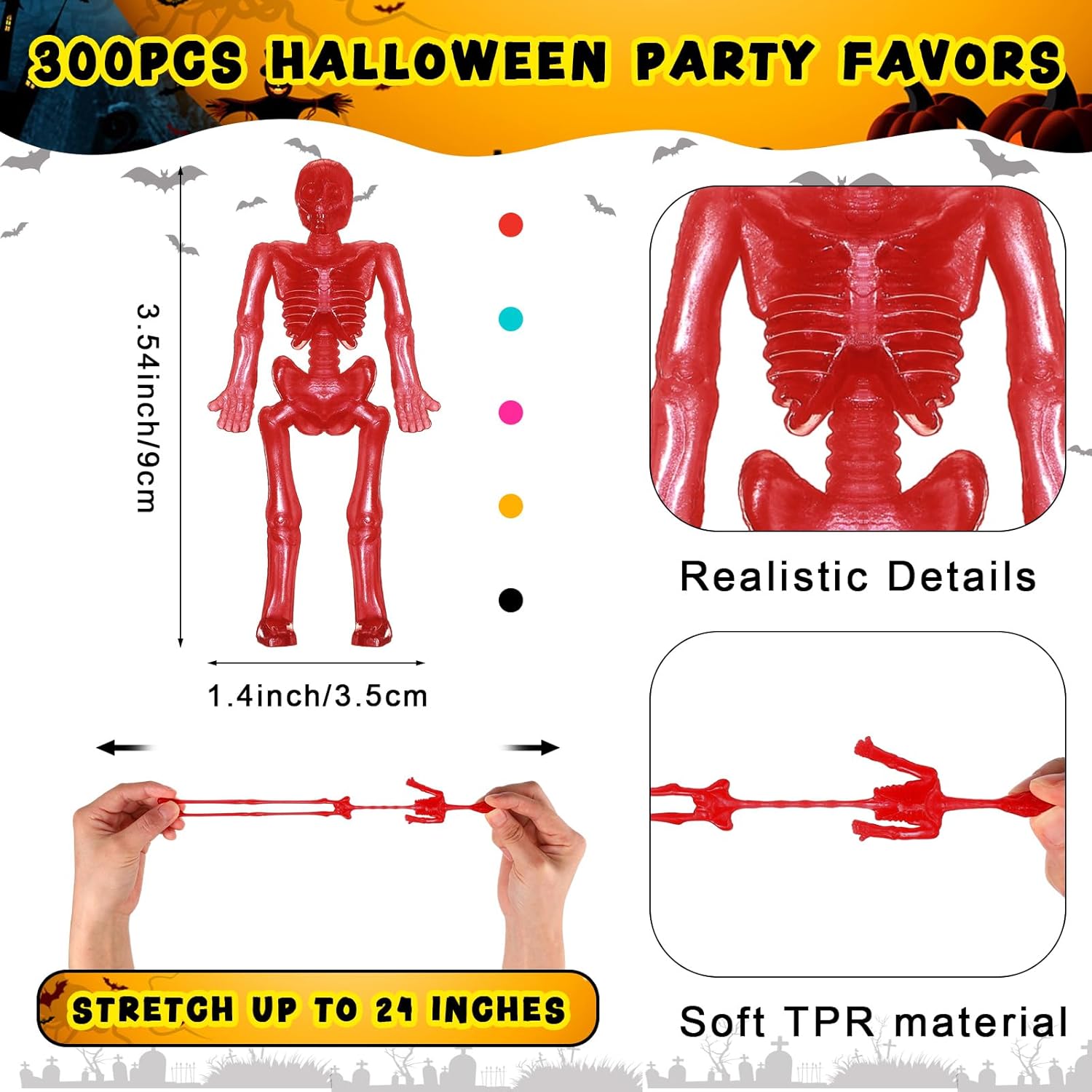 Lenwen 300 Pcs Halloween Stretchy Party Favors Toys Assorted Sticky Hand Toys Bulk Skull Bat Ghost Pumpkin for Goodie Bags Fillers Classroom Prizes Halloween Exchange Gifts (Skeleton Style)