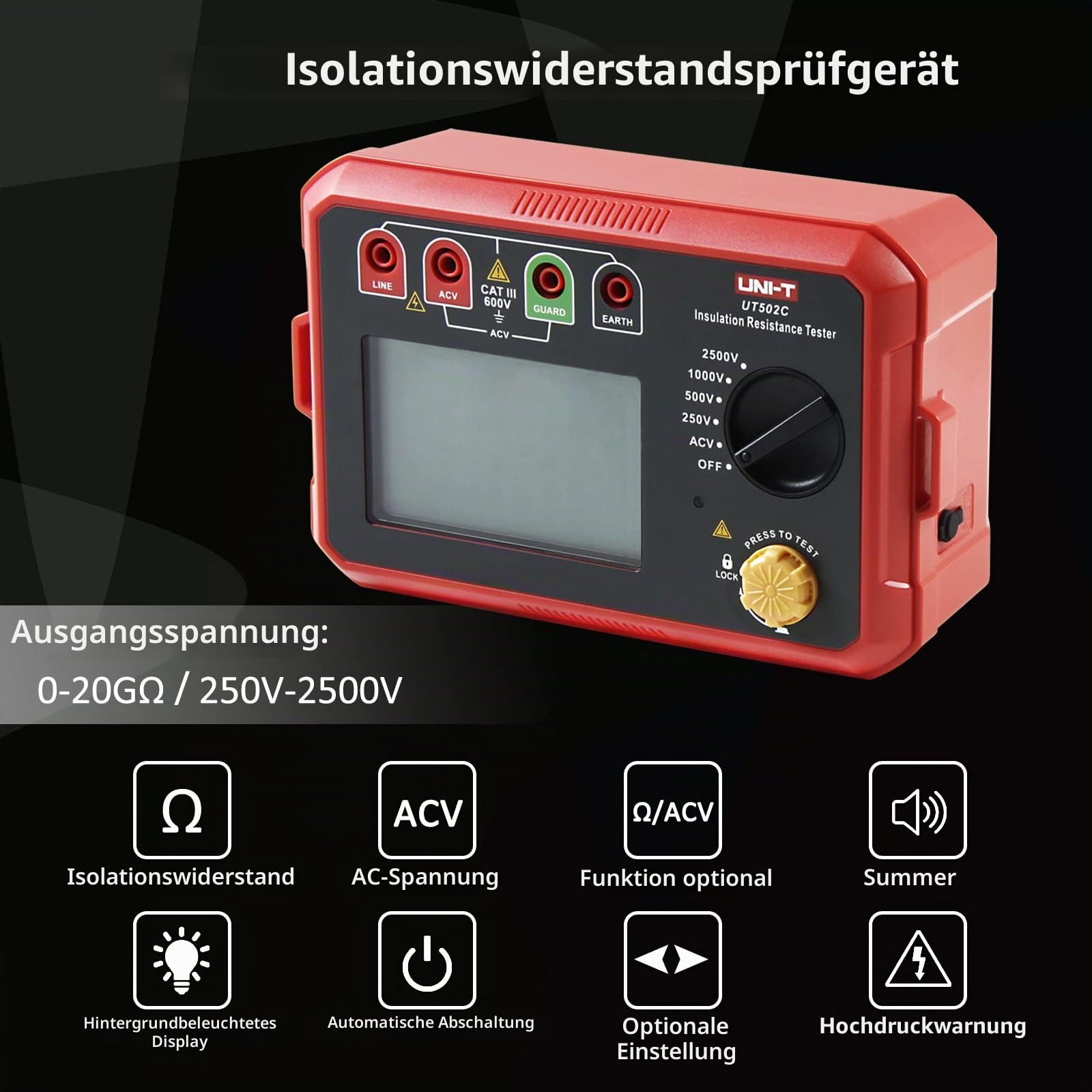 UNI-T UT502C Isolierung Widerstand Tester 2500V 20.0GΩ Isolationsmessgerät Isolationstester, Digitale Megohmmeter Ohm Tester Auto Range mit Hintergrundbeleuchtung