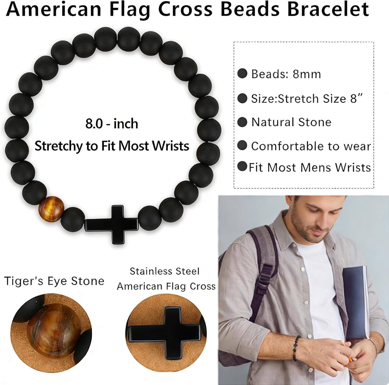2 Pcs Valentines Gifts Cross Bracelets for Men，Natural Tiger Eye Matte Cross Bracelets，Men Bracelet with Gift Box & Message Card,Religious Faith Stretch Bracelets for Men