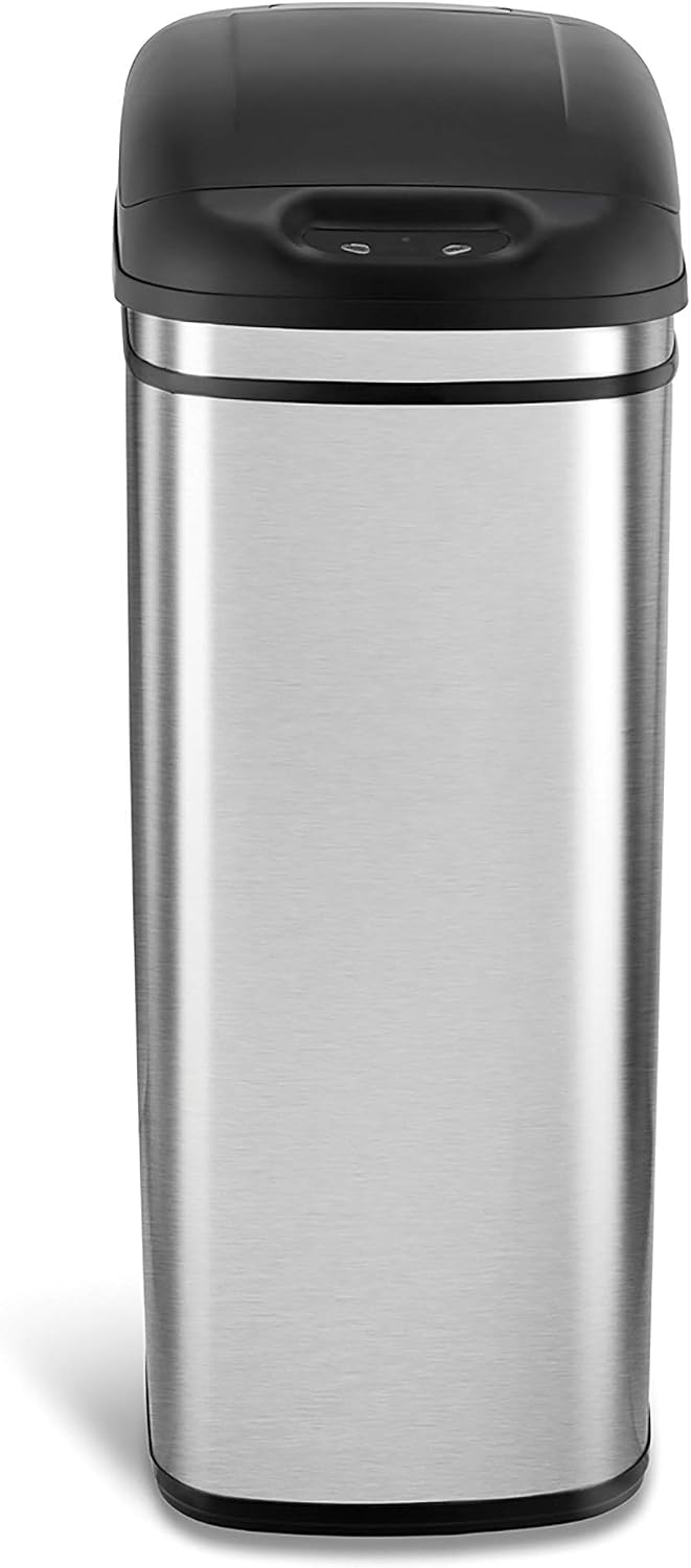 NINESTARS DZT-42-1 Automatic Touchless Infrared Motion Sensor Trash Can, 11 Gal 42L., Stainless Steel Base (Rectangular, Black Lid)
