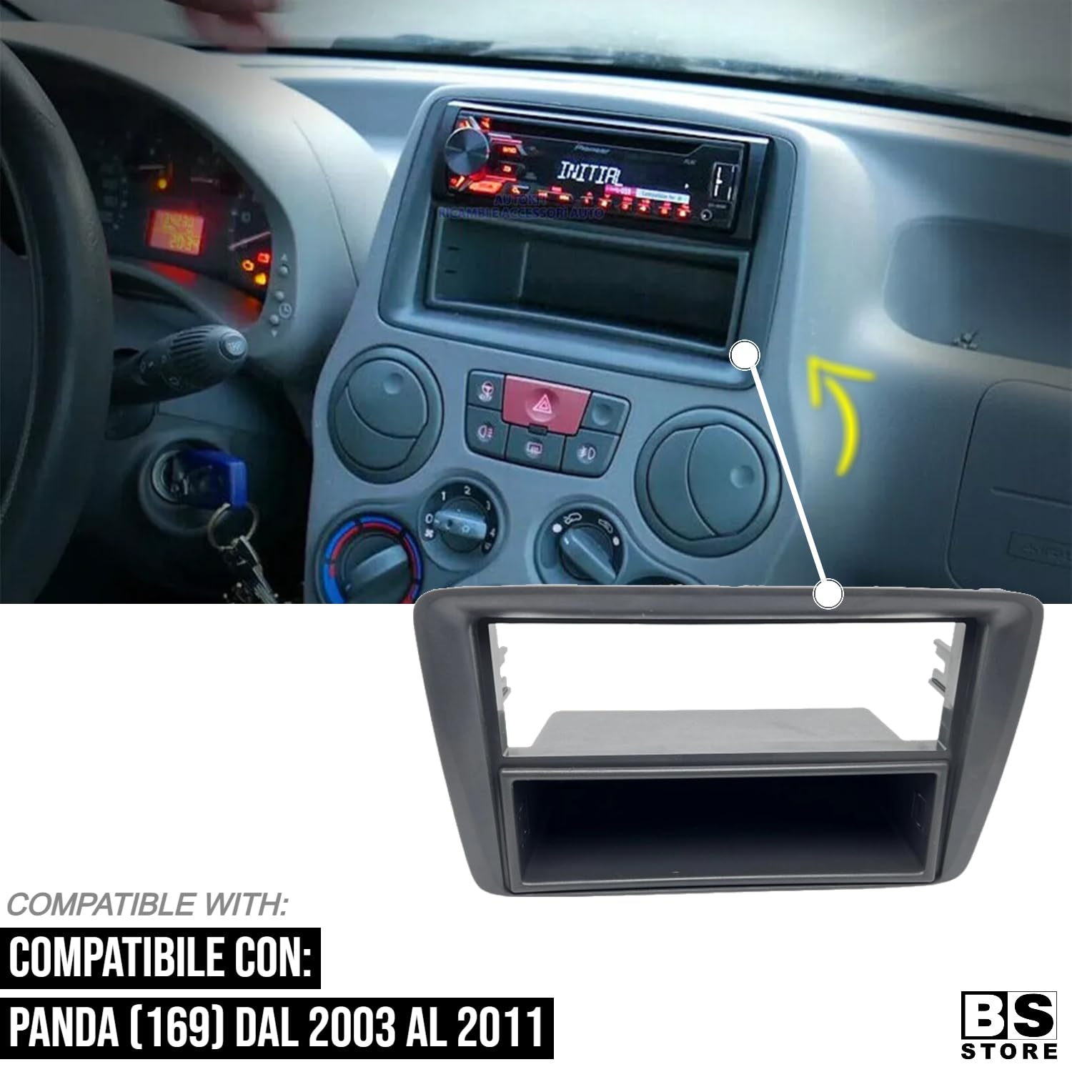 BSSTORE Mascherina 2ISO Adattatore Autoradio Cornice Stereo per Panda (169) dal 2003 al 2011 con Kit Fissaggio - Grigio