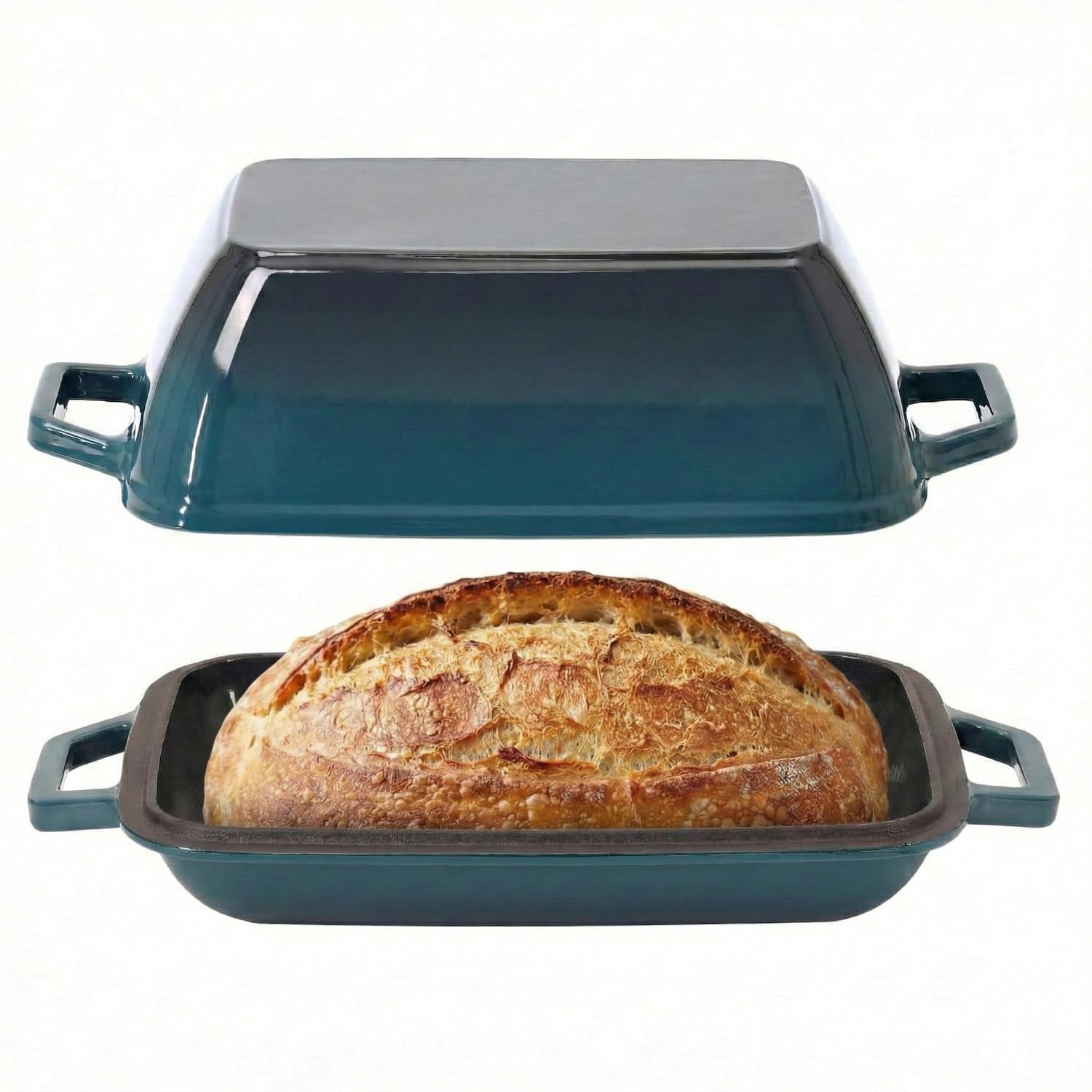 Flavehc Schmortopf aus Gusseisen, zum Brotbacken, 30,5 x 20,3 cm, emaillierter Brotofen mit Deckel, 6QT, Gusseisen, Brot, Dutch Oven für Sauerteig, Dunkelcyan