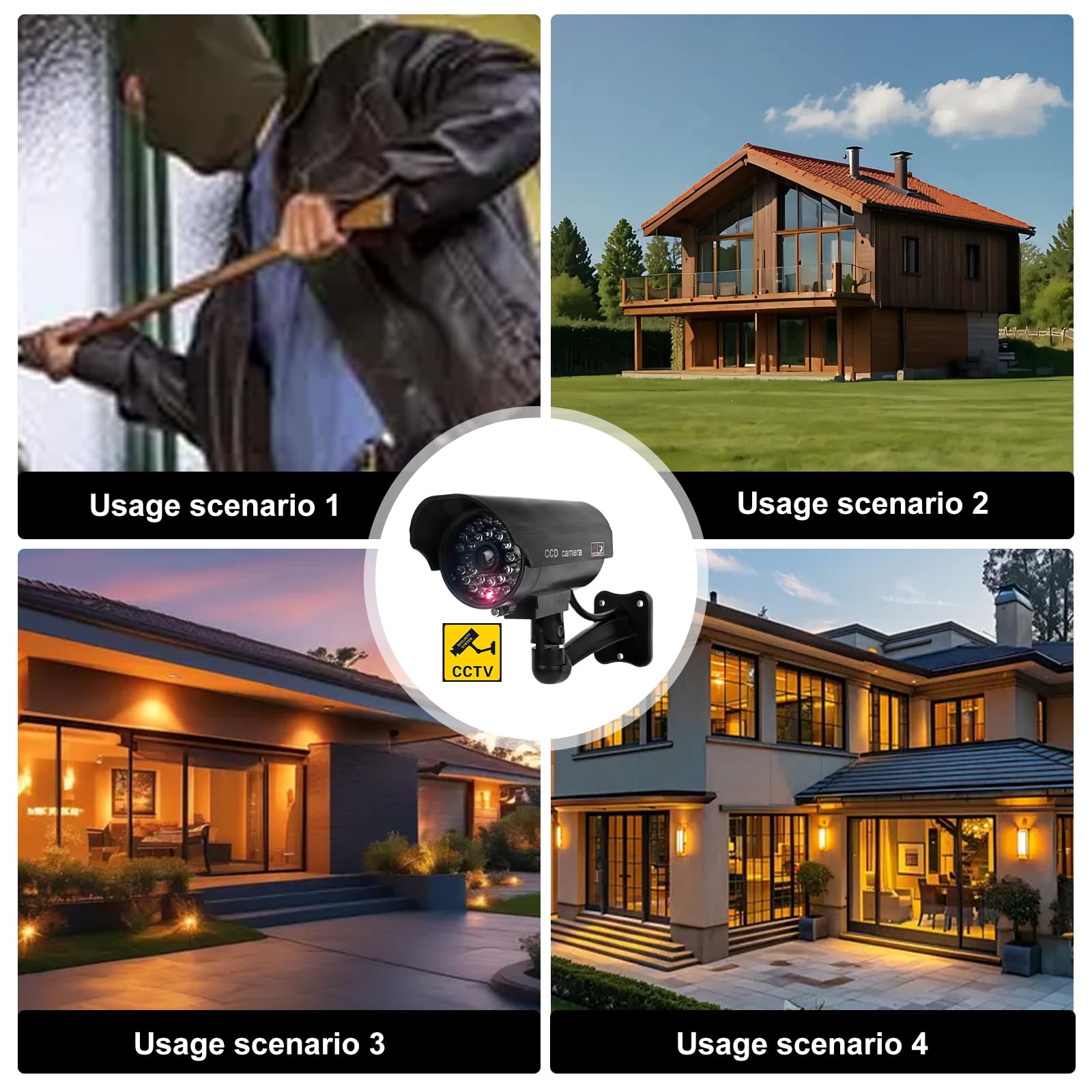 Telecamere finte CCTV, confezione da 4 telecamere a circuito chiuso fittizie per esterni e interni, telecamere di sicurezza fittizie finte, impermeabili, a forma di proiettile, con LED rosso