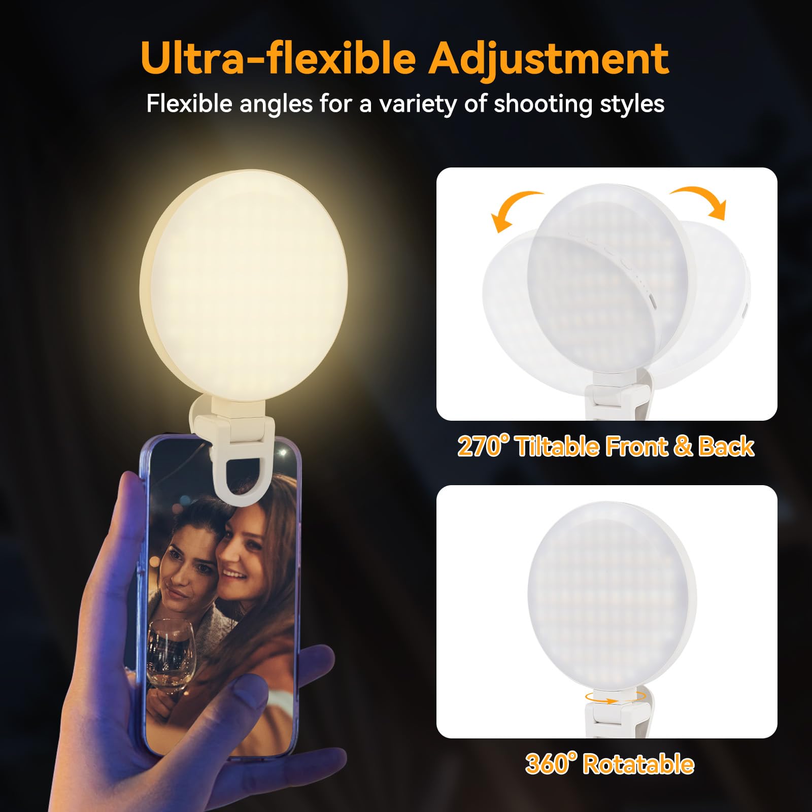 UTEBIT Luce Selfie Telefono a Clip 2500-9000K 3 Modalità Luce,Ring Light Telefono per iPhone/iPad/Laptop/Fotocamera/Fotografia Vlog 3000mAh