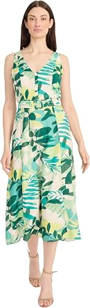 Maggy London Womens Womens Sleeveless V-Neck Belted Midi Dress - Wide Strap A-line Pleated - Special Occasion Summer Dress