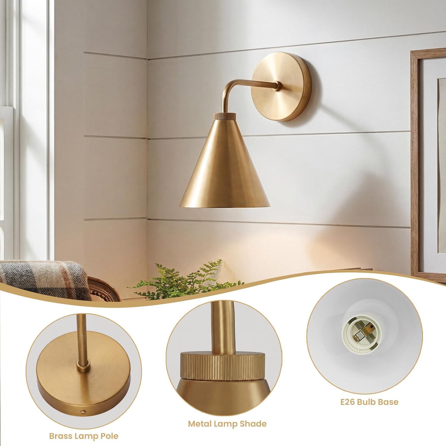 Retro Industrial Metal Cone Sconce Light - Vintage Inspired Modern Brass Wall Sconce with Metal Shade, Wall Mount Lighting for Bedroom, Hallway, Living Room (6“W x 6" L x 11" H Brass) Brass 6 inch