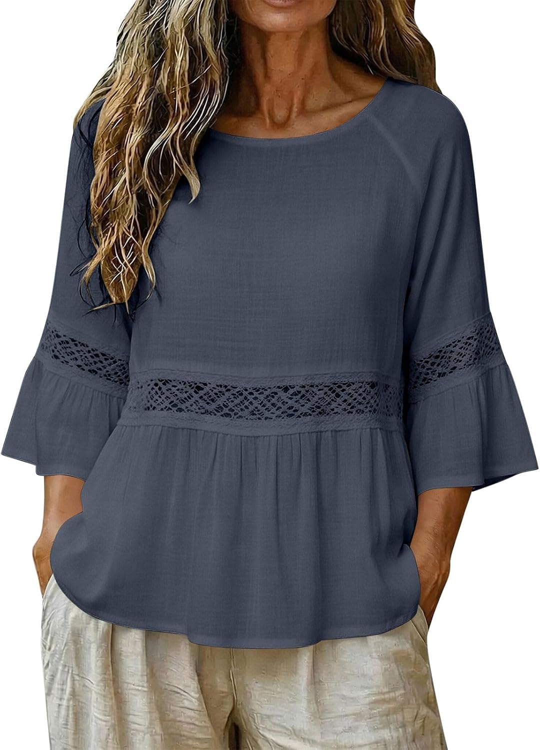 Women Bell Sleeve Shirts 3/4 Ruffle Sleeves Boho Tops Crewneck Summer Blouses Soft Gauze Tee Shirts Vacation Top